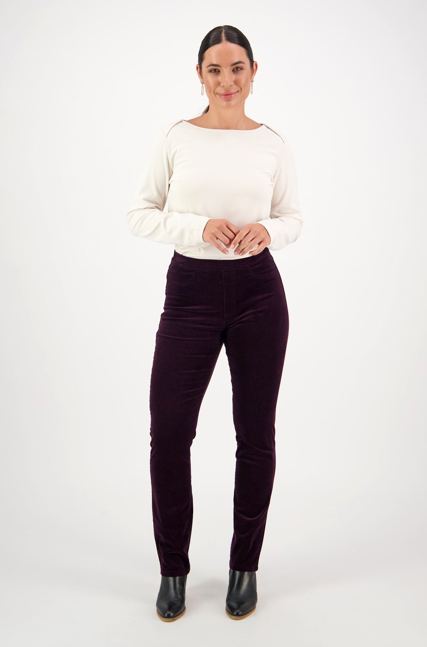 VASSALLI SLIM LEG FULL LENGTH PINWALE CORD PULL ON MULBERRY
