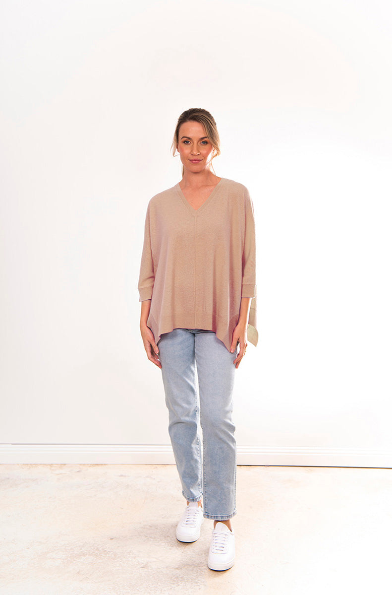 BRIDGE & LORD MERINO CASHMERE OVERSIZED BOXY PULLOVER STONE