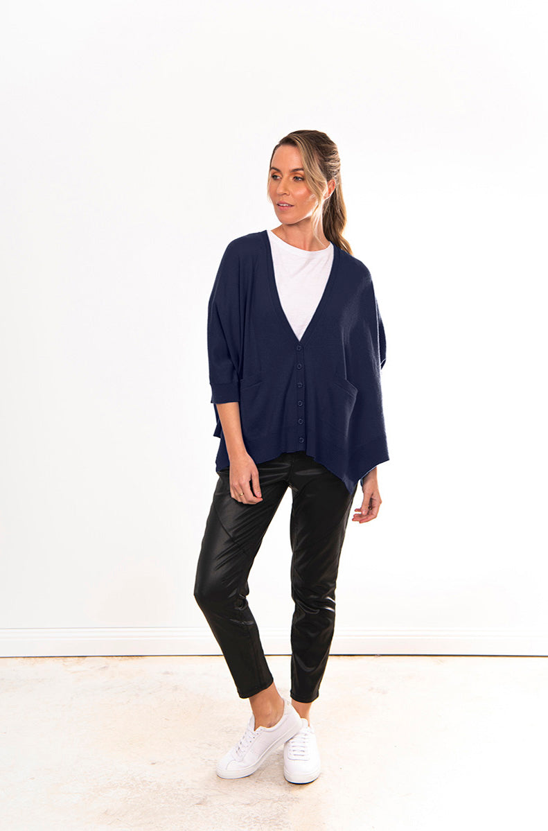 BRIDGE & LORD MERINO CASHMERE OVERSIZED BOXY CARDI NAVY