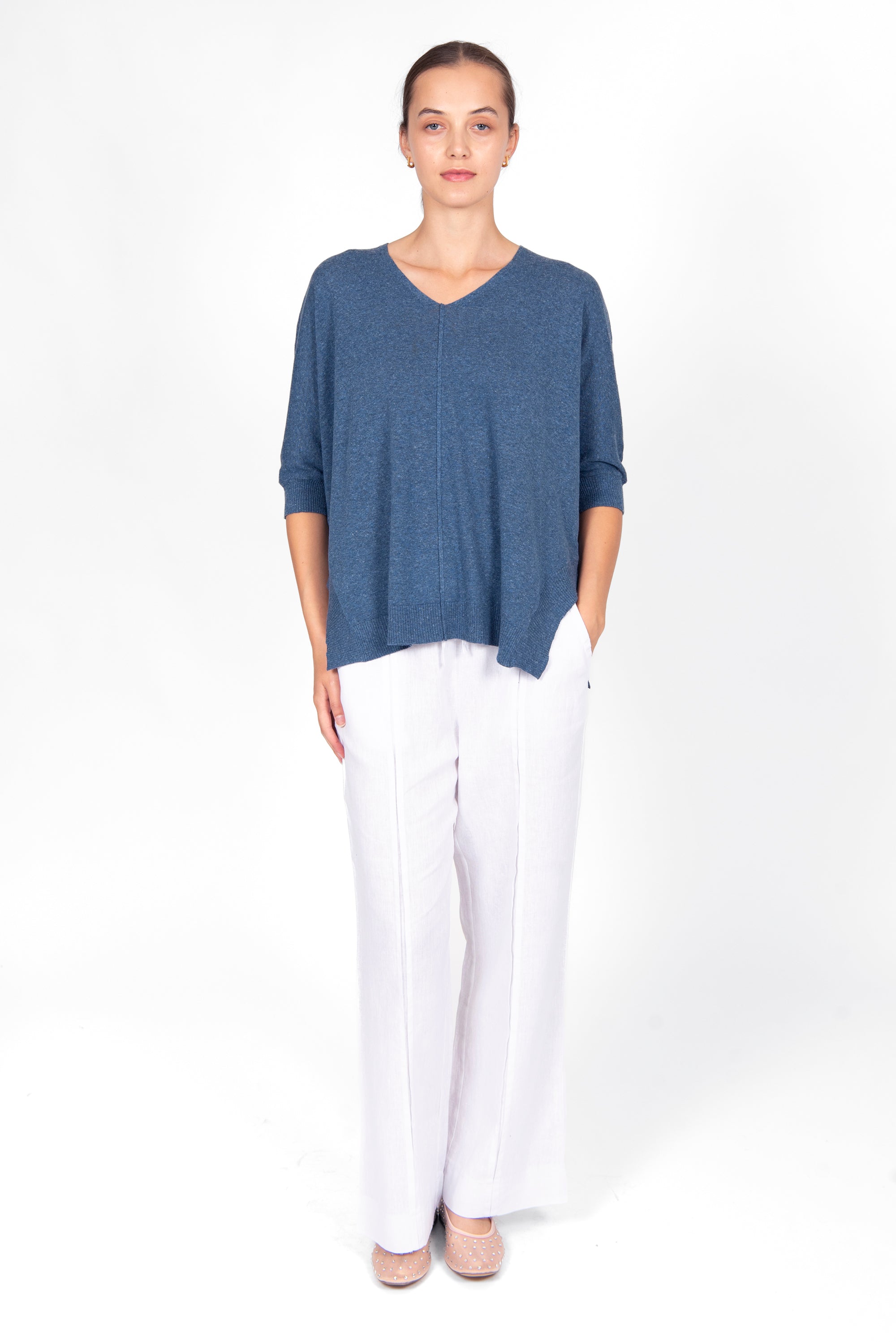 BRIDGE & LORD LINEN COTTON OVERSIZED BOXY PULLOVER DENIM