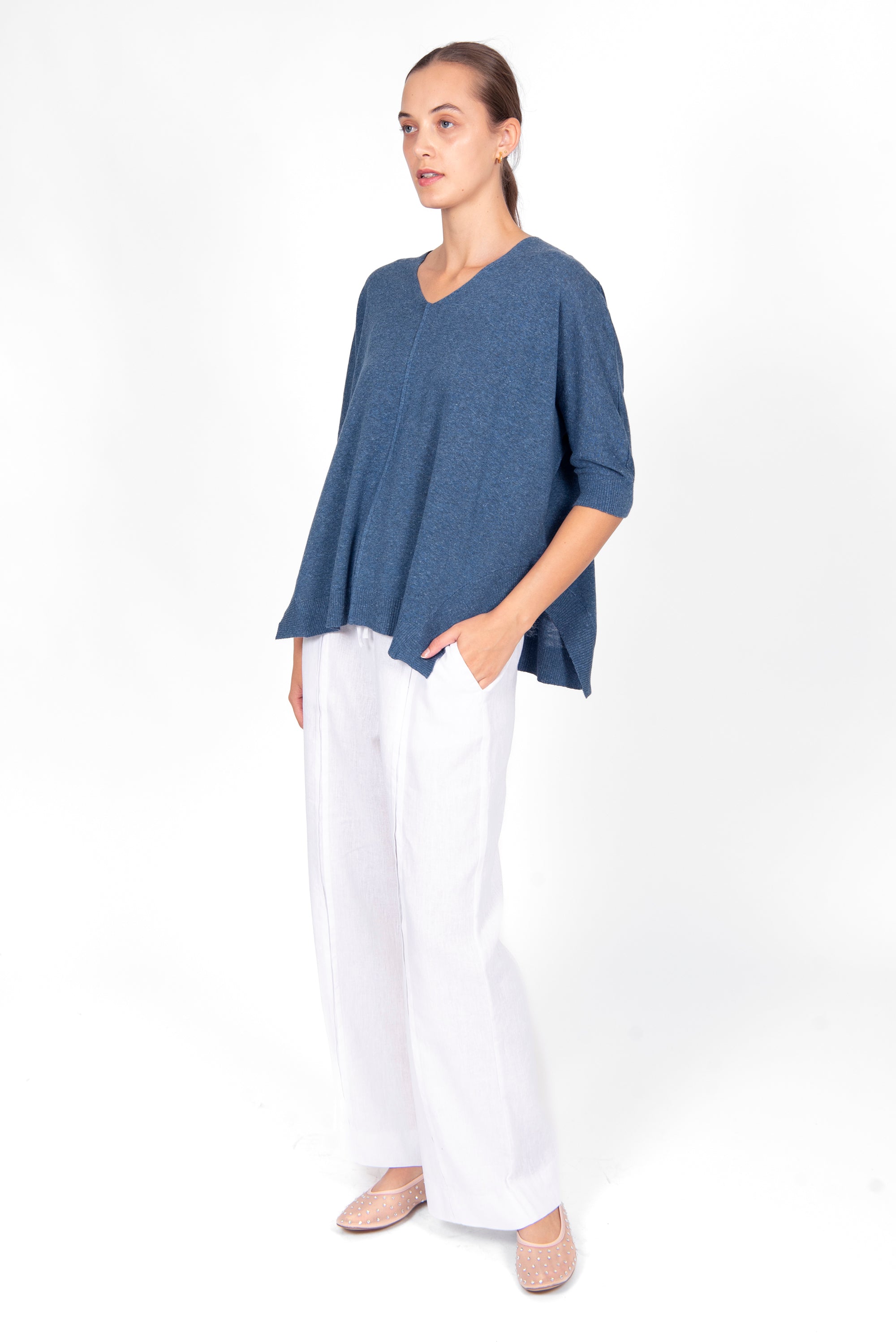 BRIDGE & LORD LINEN COTTON OVERSIZED BOXY PULLOVER DENIM
