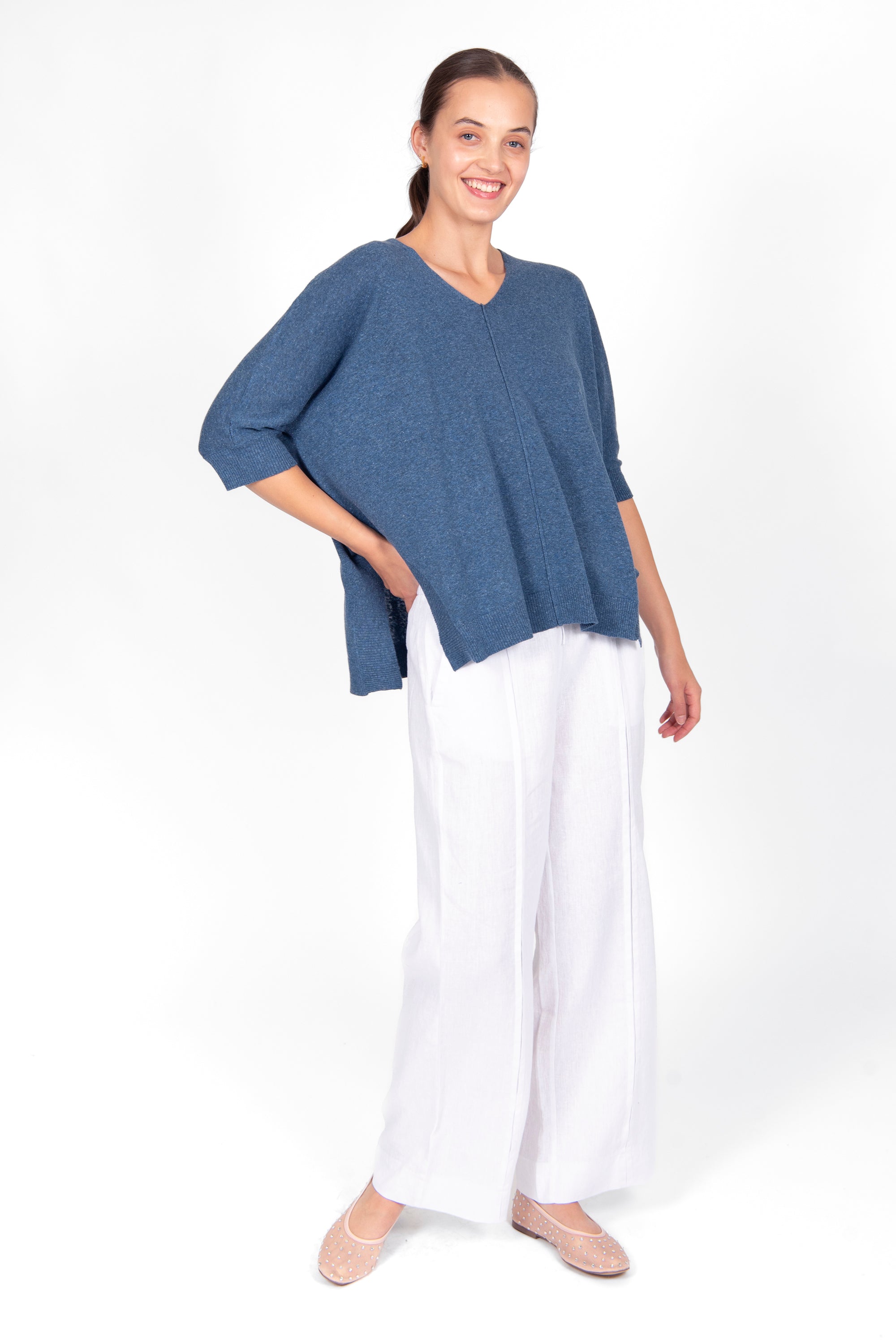 BRIDGE & LORD LINEN COTTON OVERSIZED BOXY PULLOVER DENIM