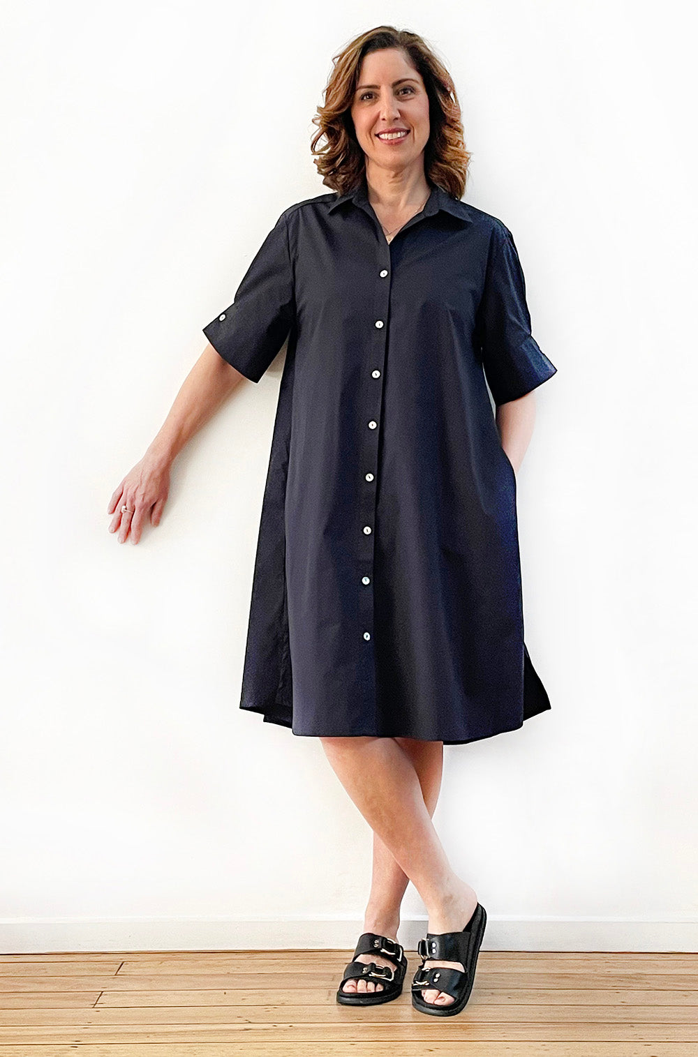 COTTON SHORT SLEEVE SHIRT DRESS BLACK