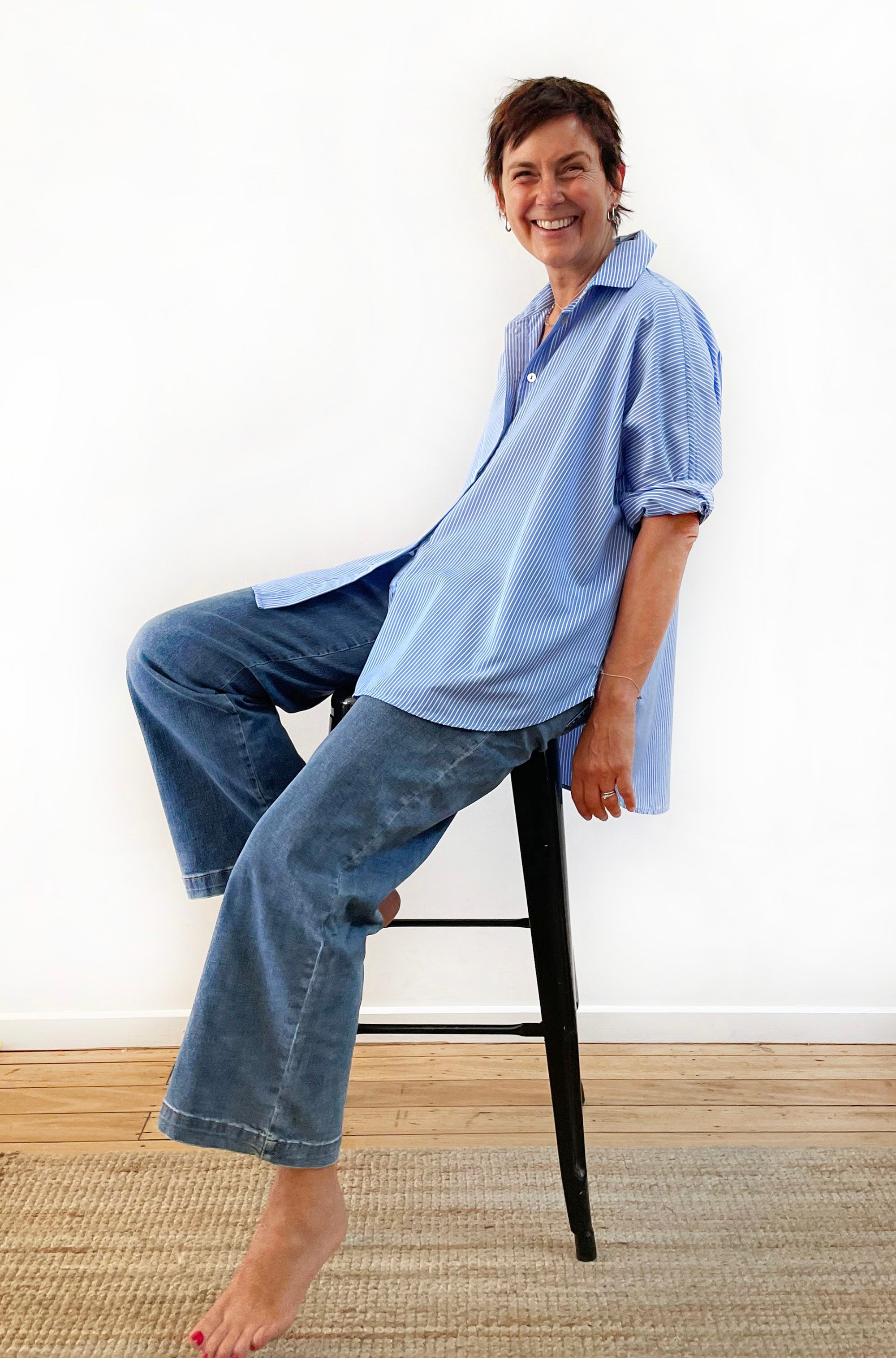 COTTON KIMONO SLEEVE SHIRT BLUE STRIPE