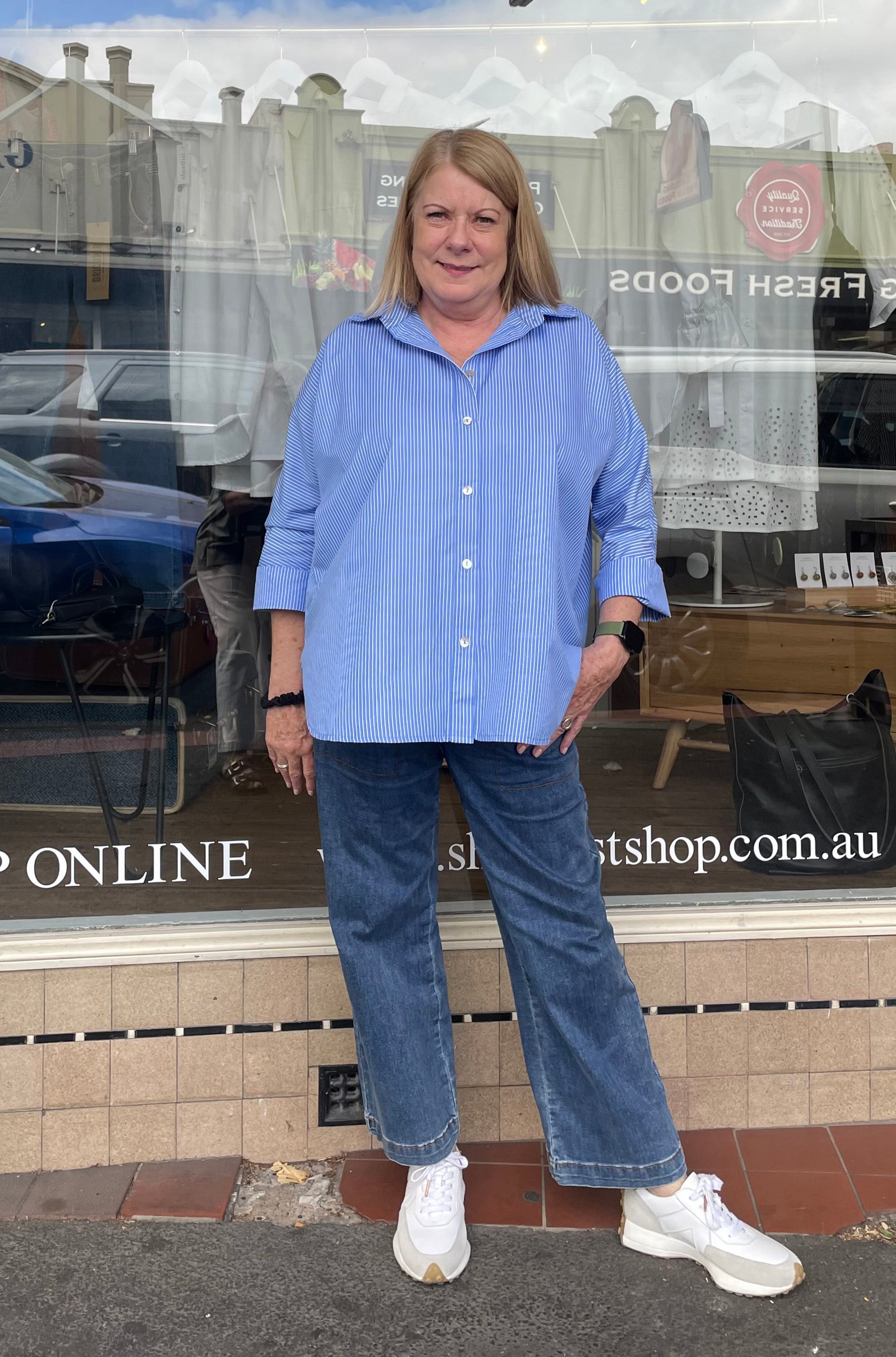 COTTON KIMONO SLEEVE SHIRT BLUE STRIPE