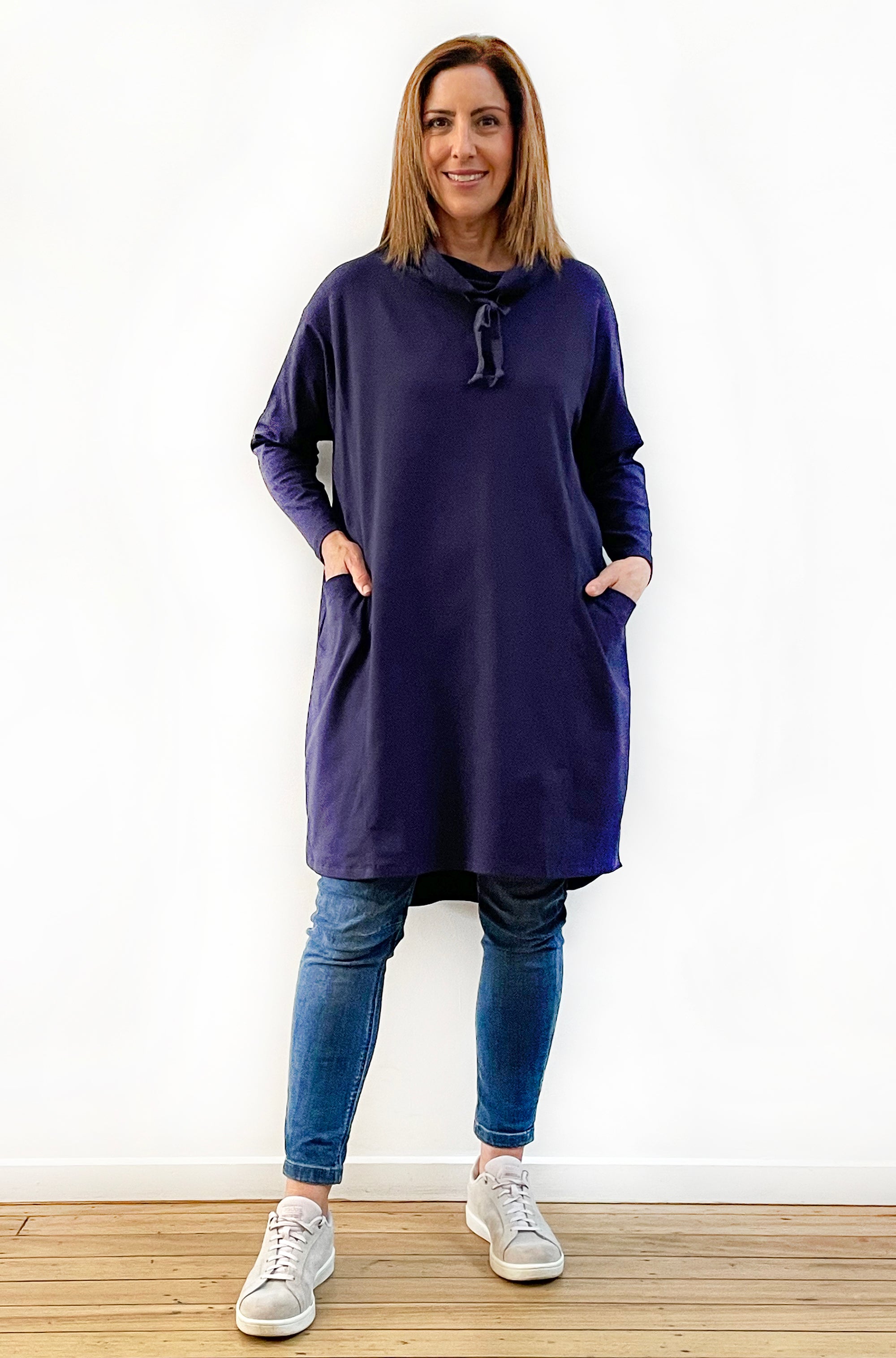 BAMBOO/ORGANIC COTTON COWL NECK DRESS NAVY