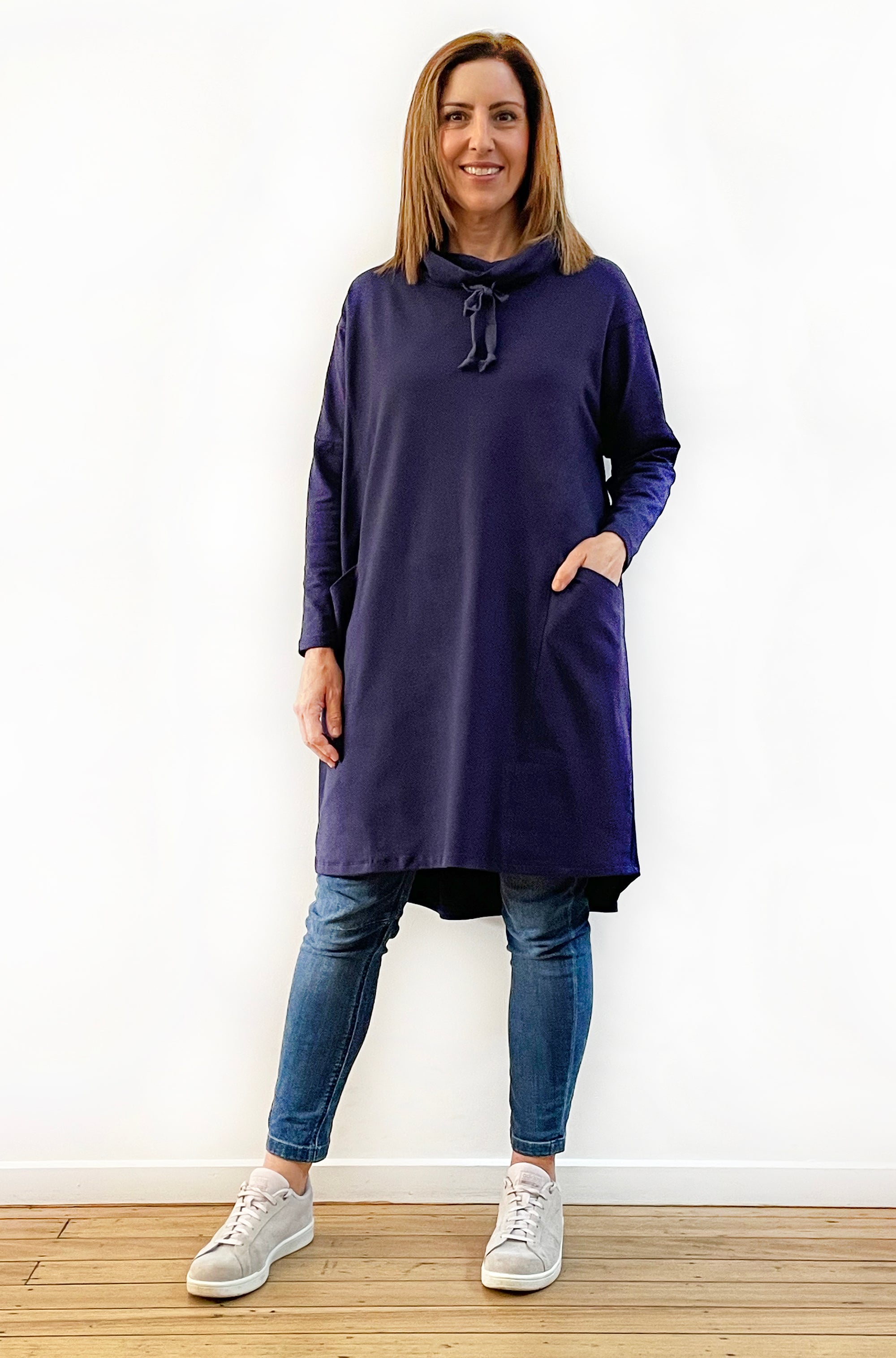 BAMBOO/ORGANIC COTTON COWL NECK DRESS NAVY