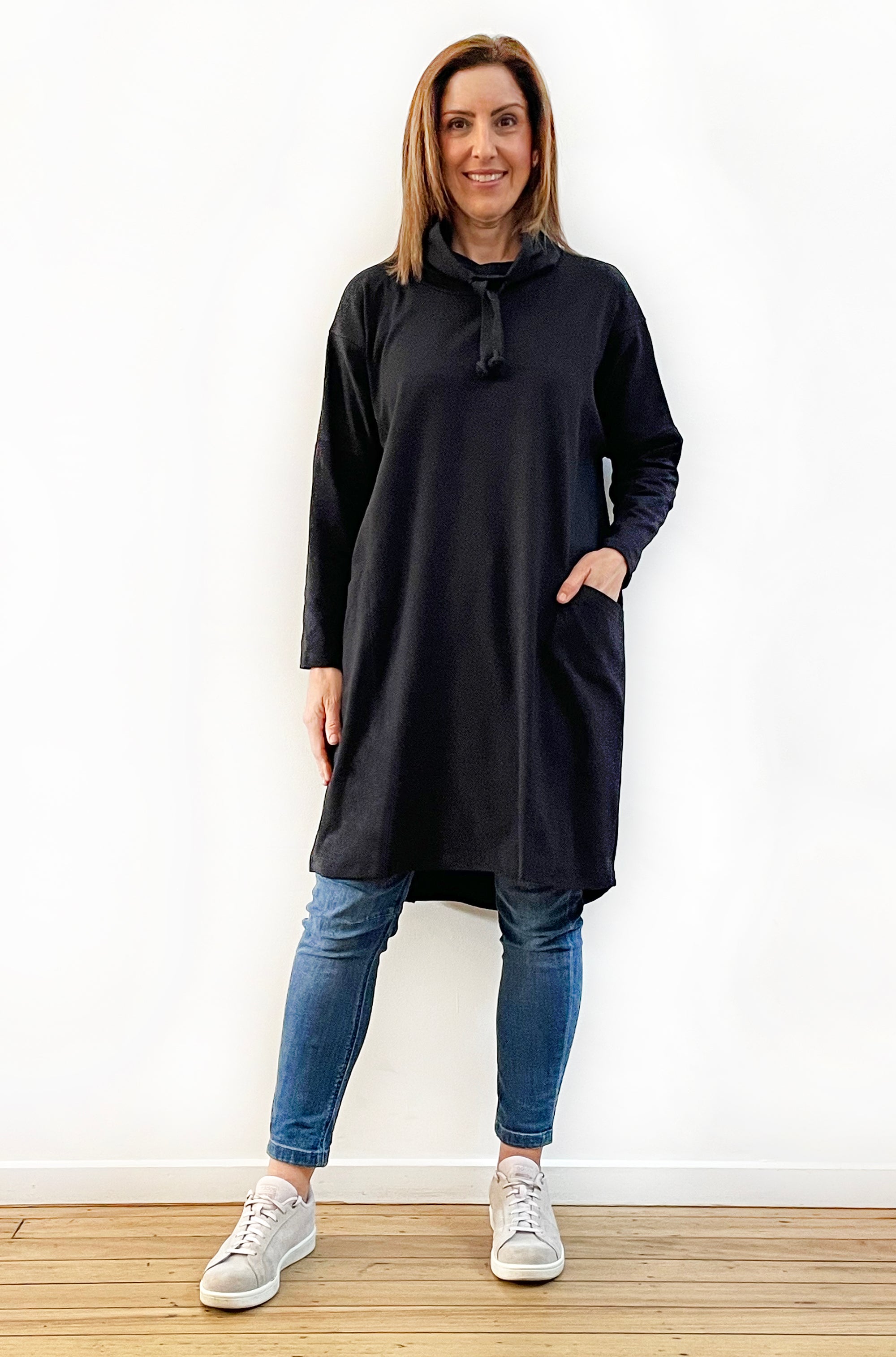 BAMBOO/ORGANIC COTTON COWL NECK DRESS BLACK