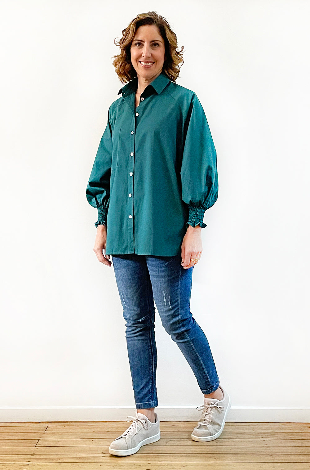 COTTON SHIRRED SLEEVE SHIRT DEEP GREEN