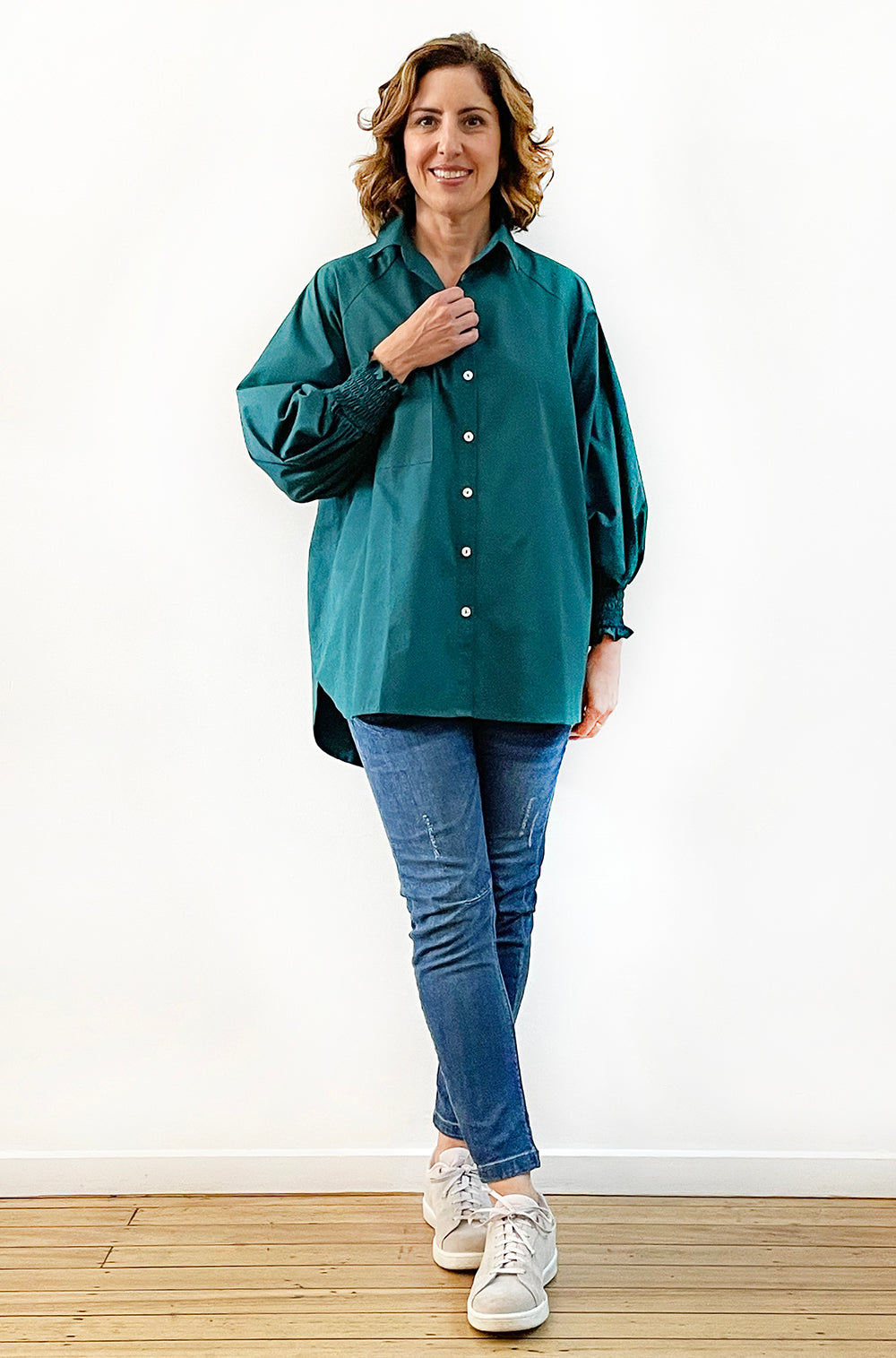COTTON SHIRRED SLEEVE SHIRT DEEP GREEN
