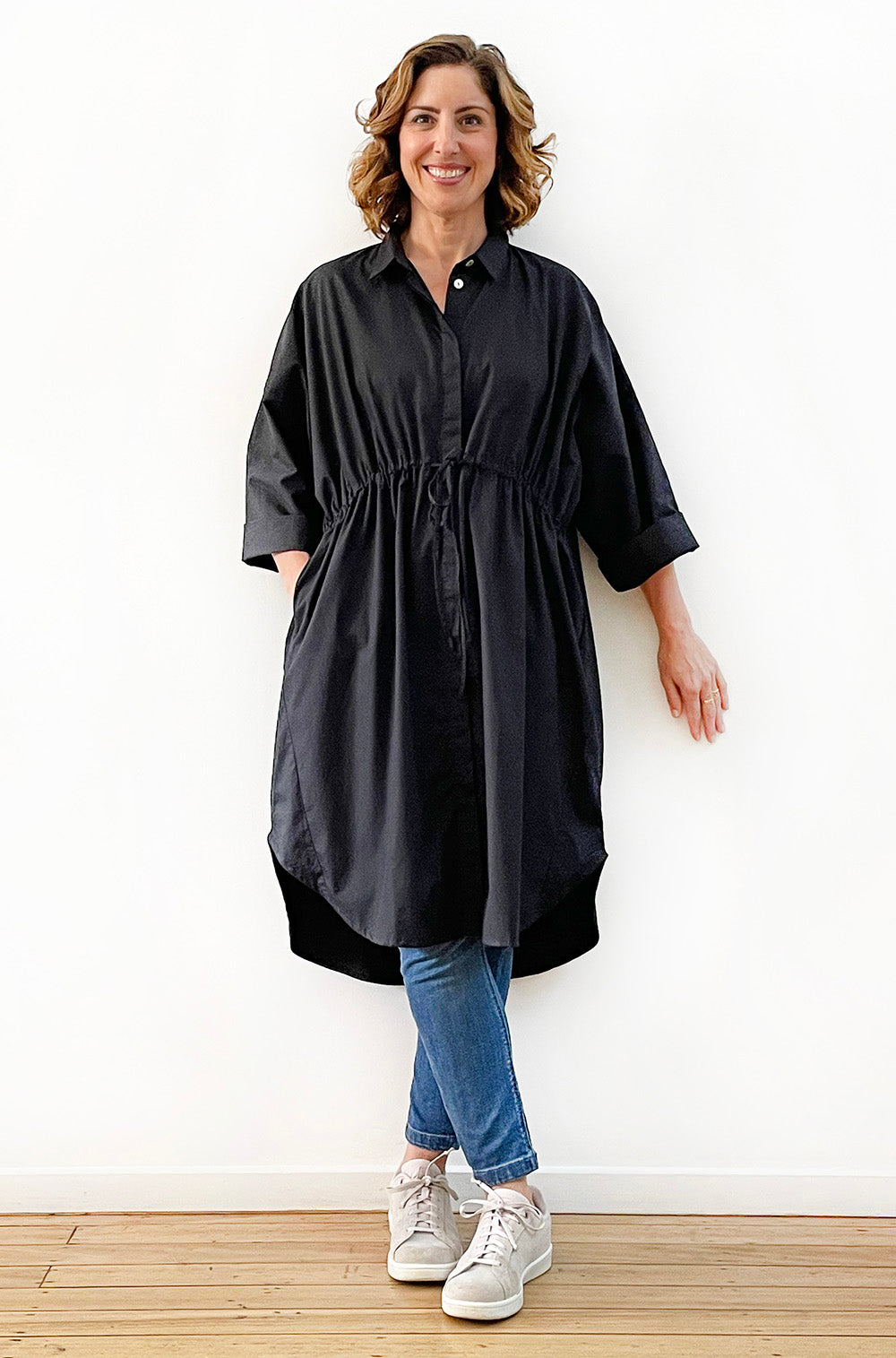 COTTON OVERSIZED DRAWSTRING SHIRTDRESS BLACK