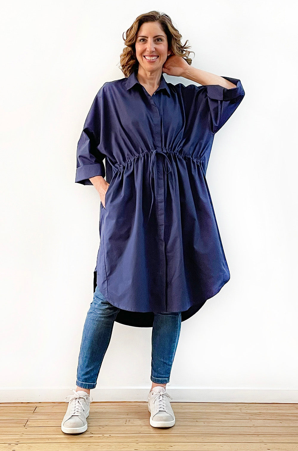 COTTON OVERSIZED DRAWSTRING SHIRTDRESS NAVY