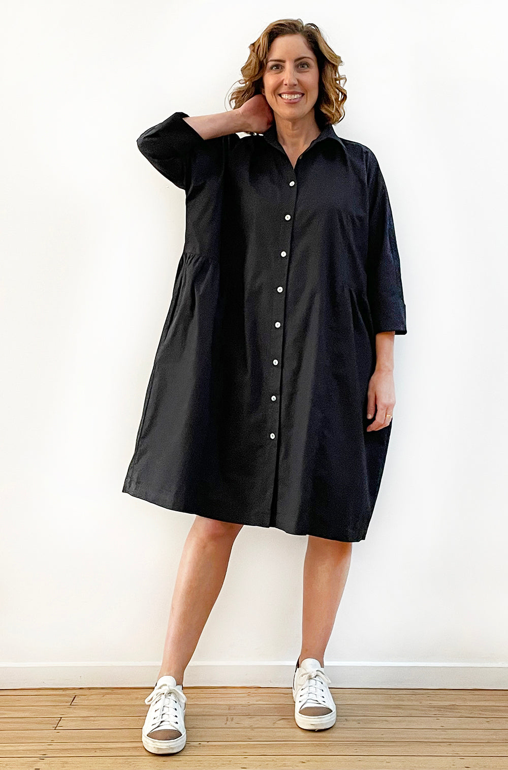 COTTON MAYGAR SLEEVE GATHERED DRESS BLACK