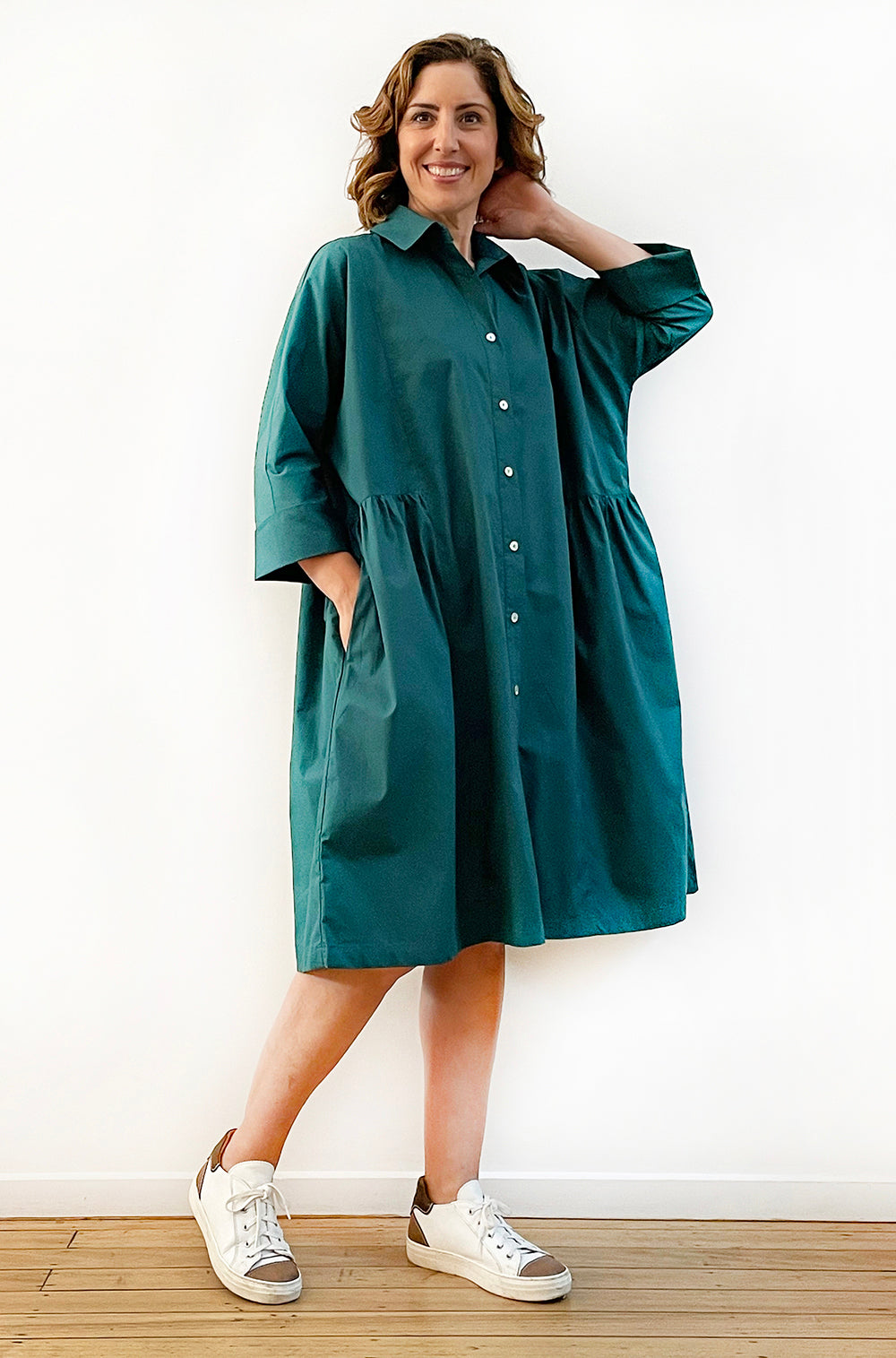 COTTON MAYGAR SLEEVE GATHERED DRESS DEEP GREEN