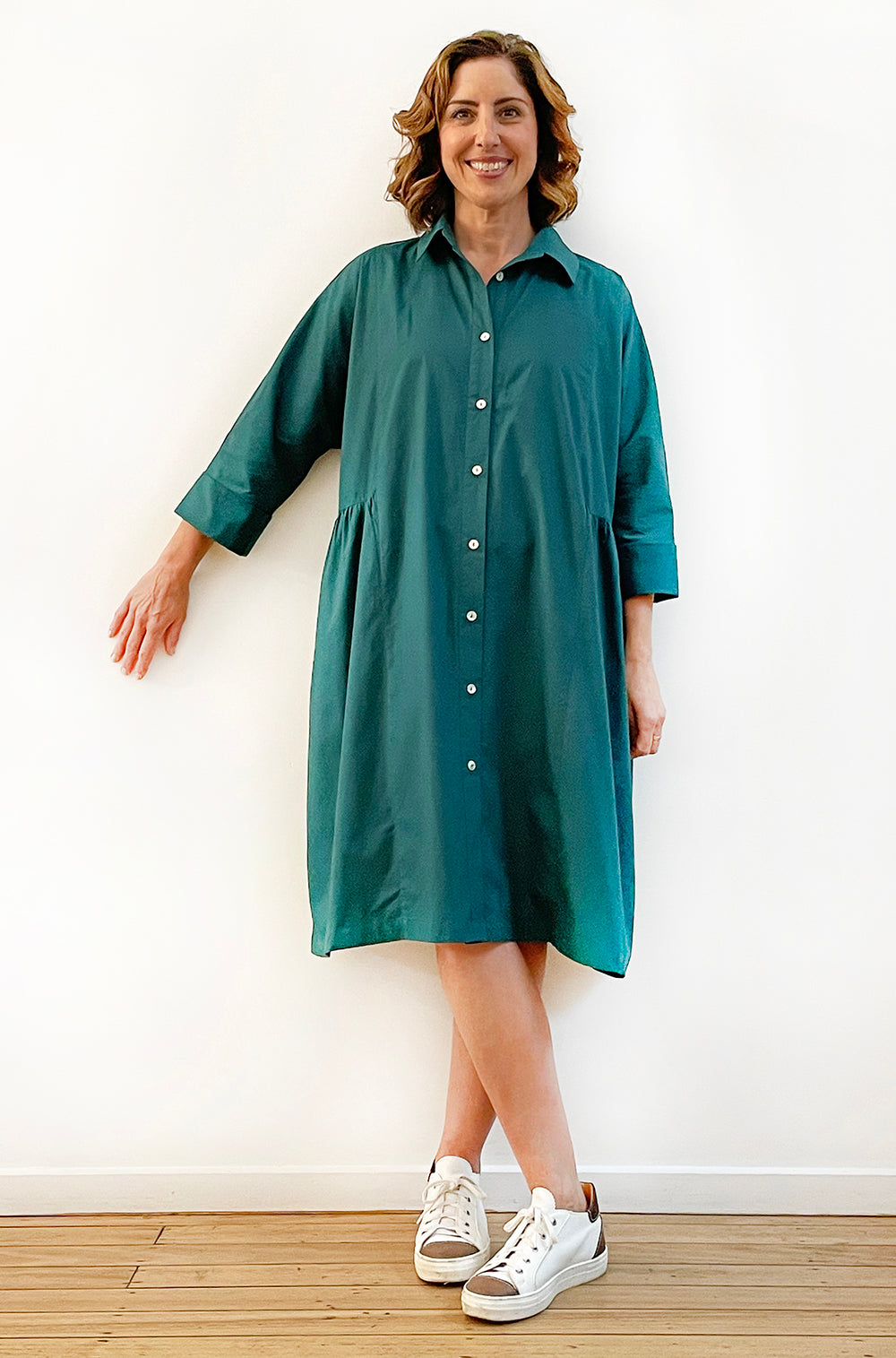 COTTON MAYGAR SLEEVE GATHERED DRESS DEEP GREEN
