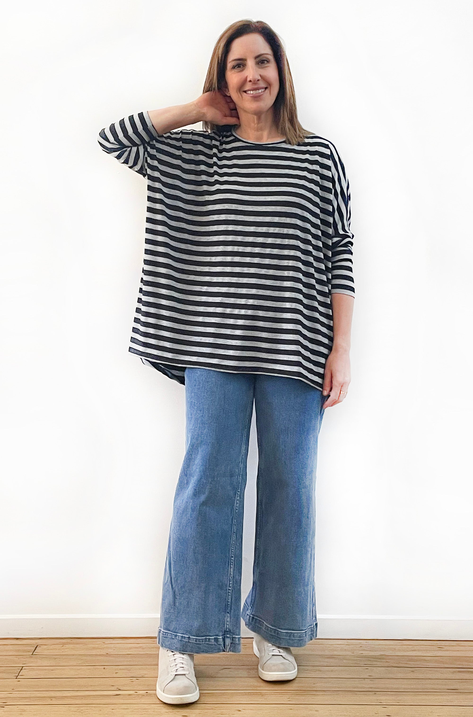 LONG SLEEVE CURVED HEM BOX TEE STRIPE