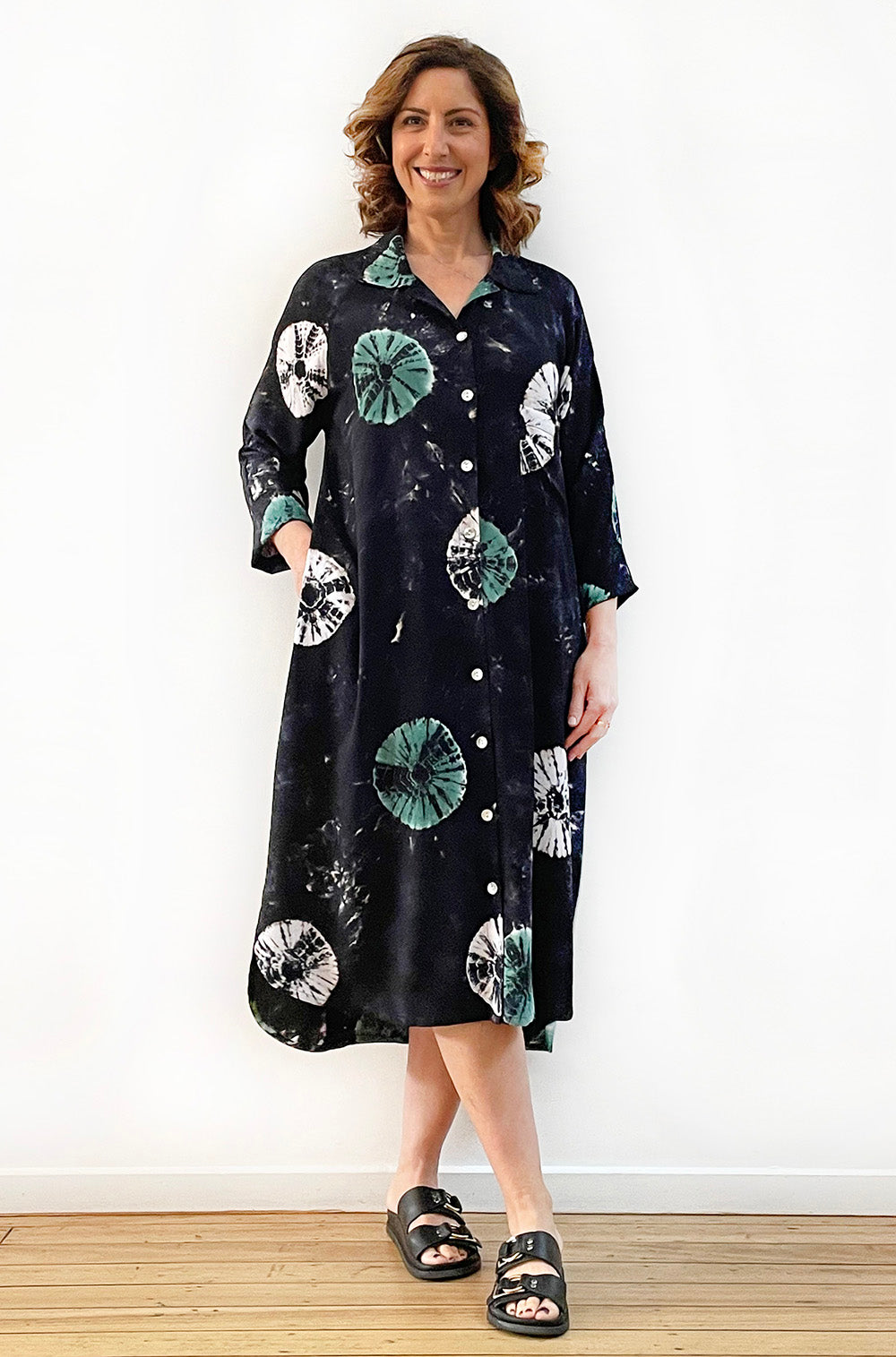HAND DYED BUTTON THRU RAGLAN SHIRT DRESS JADE