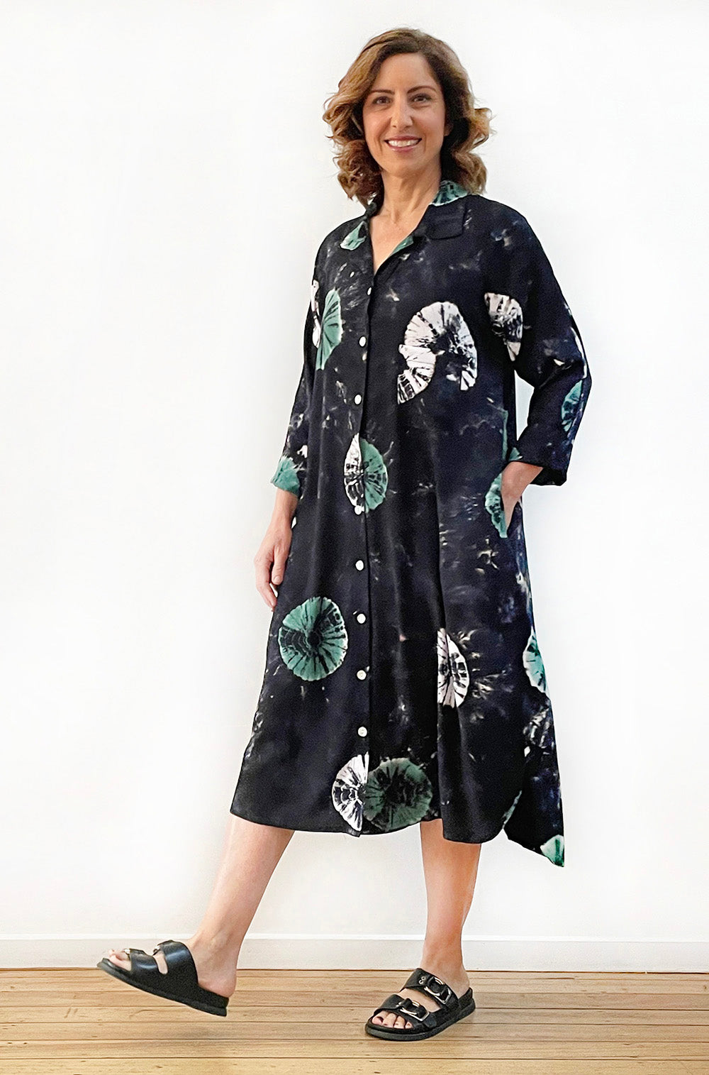 HAND DYED BUTTON THRU RAGLAN SHIRT DRESS JADE