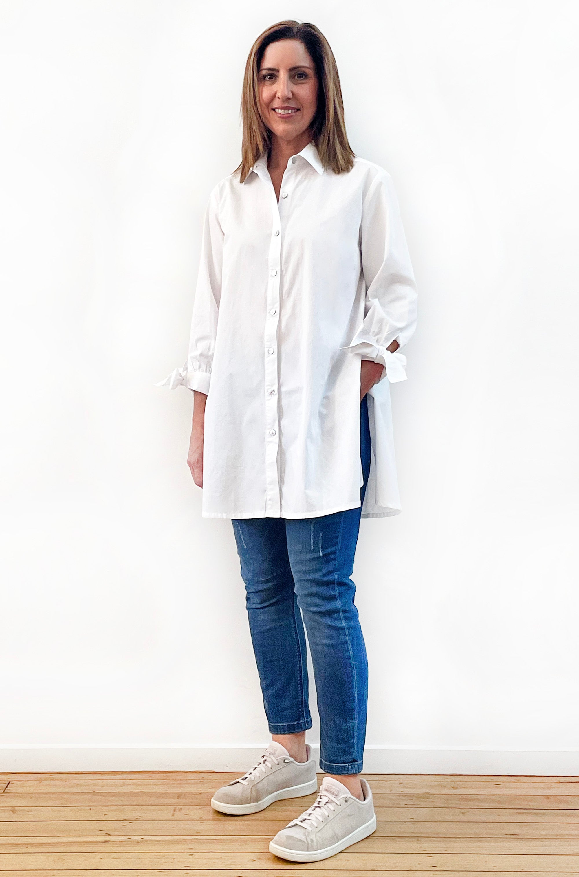 COTTON TIE SLEEVE SWING SHIRT WHITE