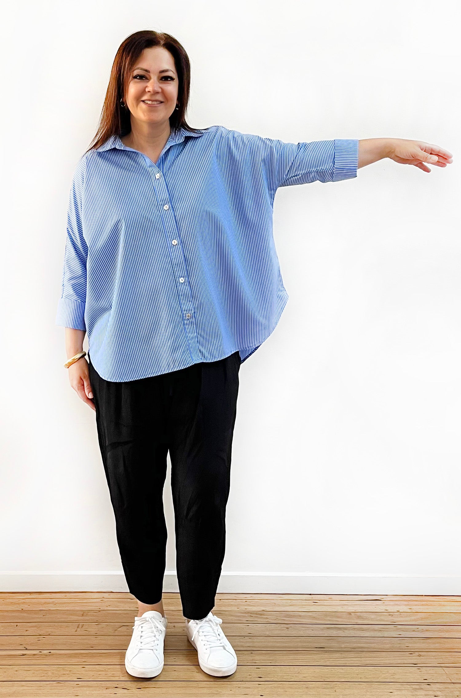 COTTON KIMONO SLEEVE SHIRT BLUE STRIPE