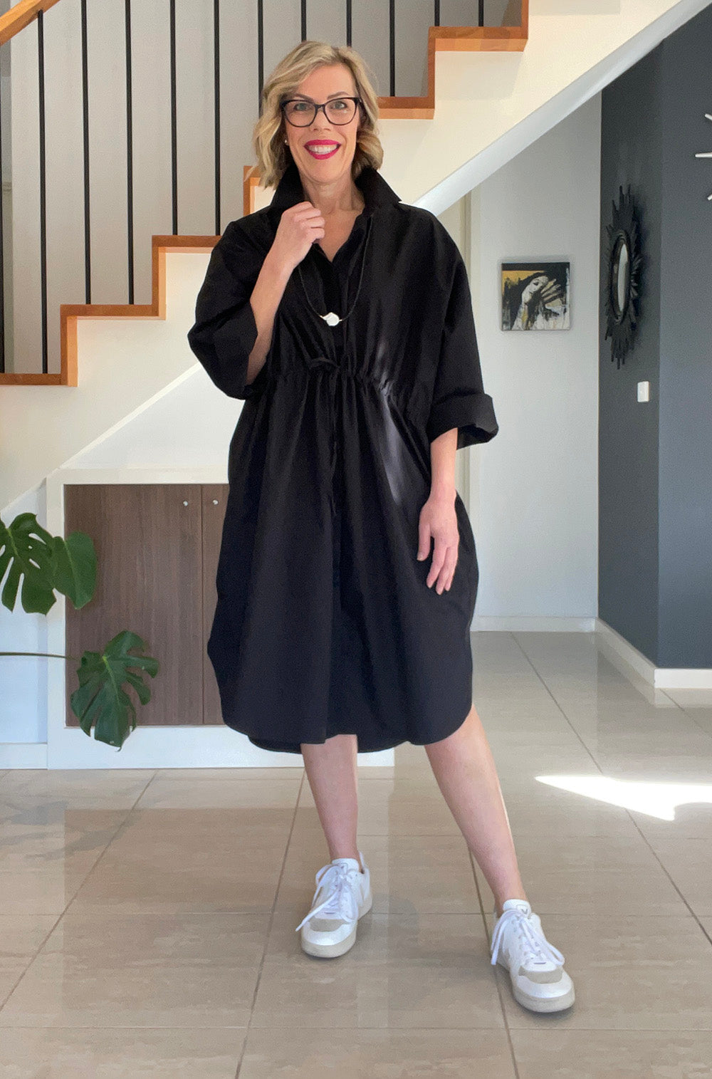 COTTON OVERSIZED DRAWSTRING SHIRTDRESS BLACK
