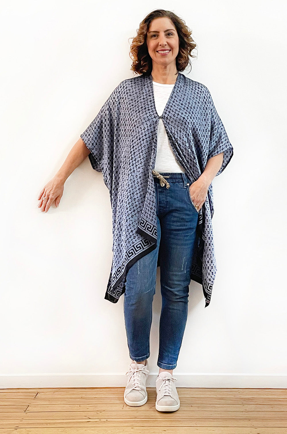 SILK KIMONO IN SLATE BLUE TILE PRINT