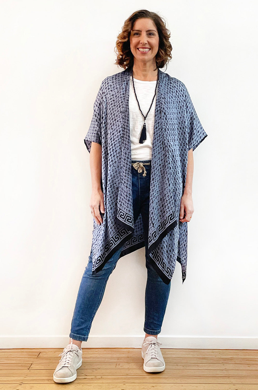 SILK KIMONO IN SLATE BLUE TILE PRINT