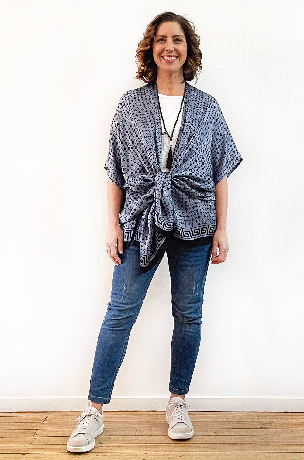 SILK KIMONO IN SLATE BLUE TILE PRINT