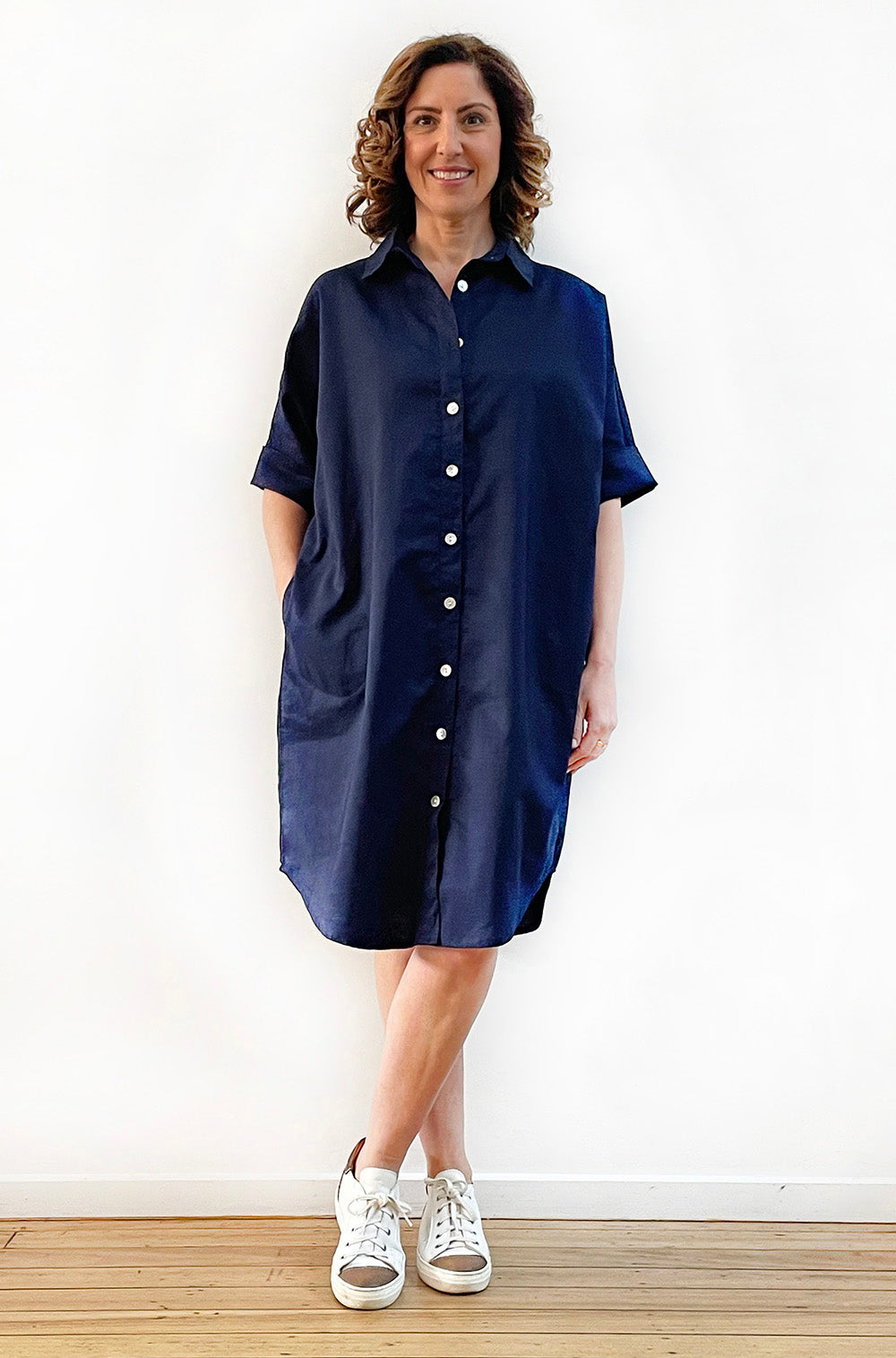 LINEN RELAXED SHIRT DRESS NAVY
