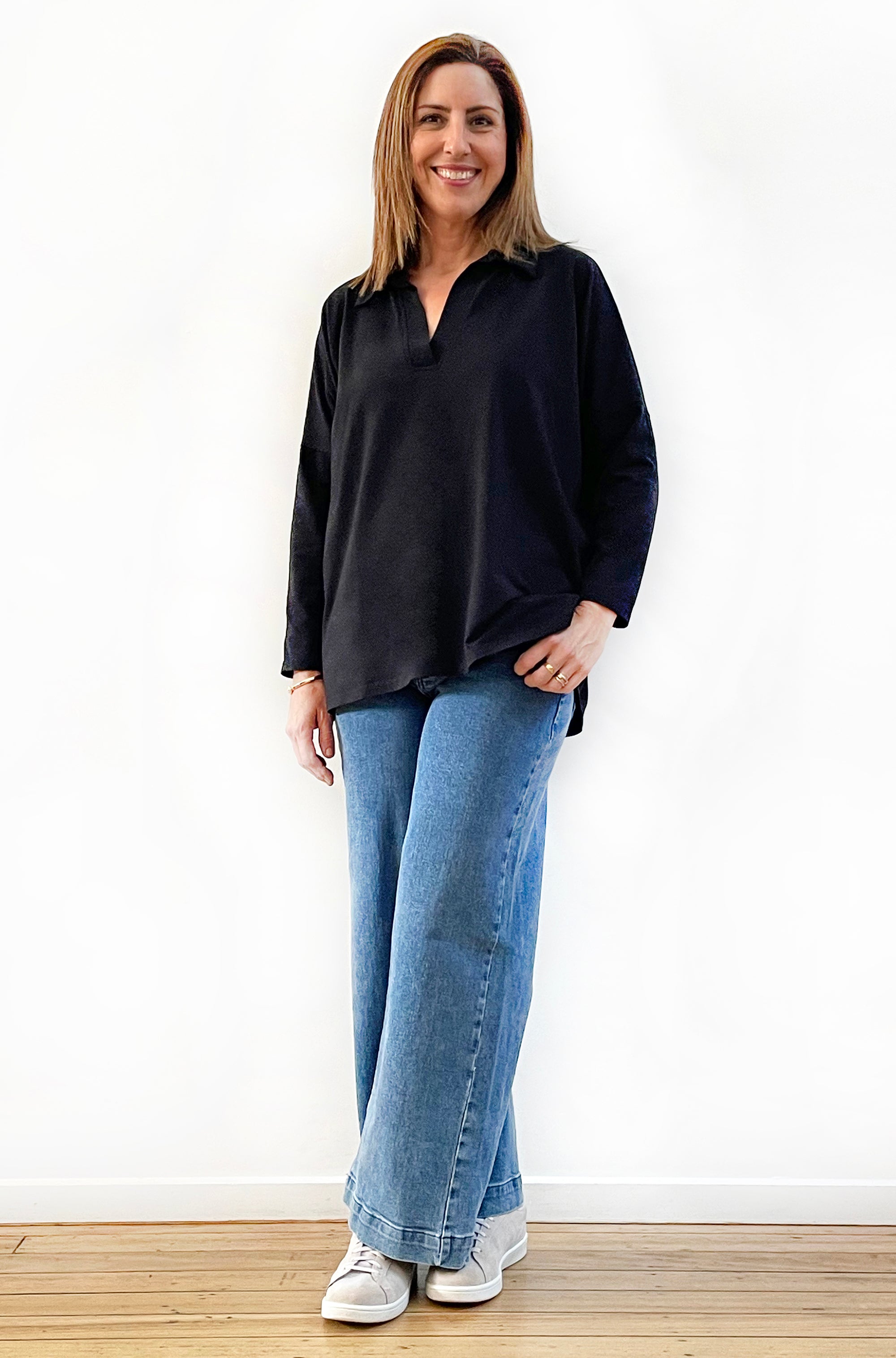 BAMBOO/ORGANIC COTTON COLLARED TOP BLACK