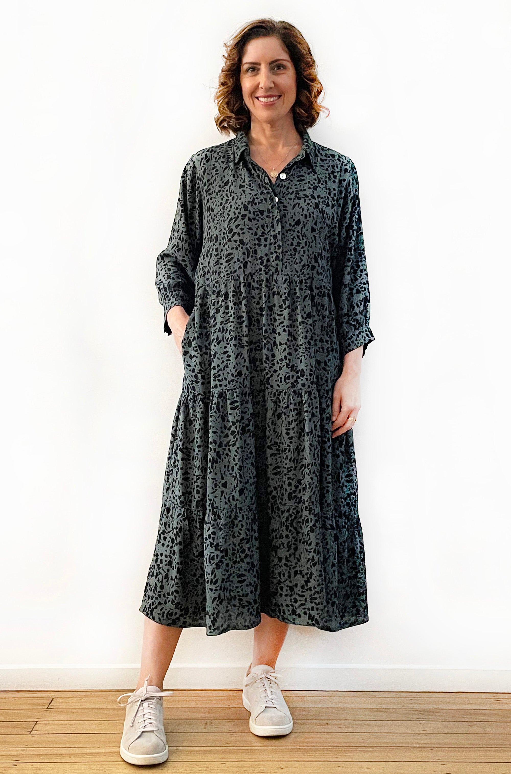Geelong woman wearing Viscose Tiered Shirt Dress in green leopard print