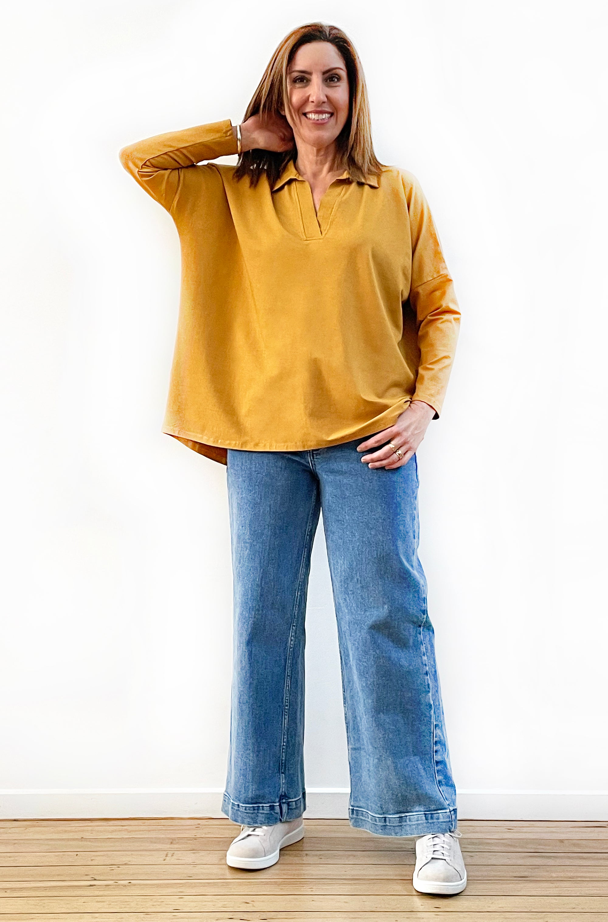 BAMBOO/ORGANIC COTTON COLLARED TOP MARIGOLD