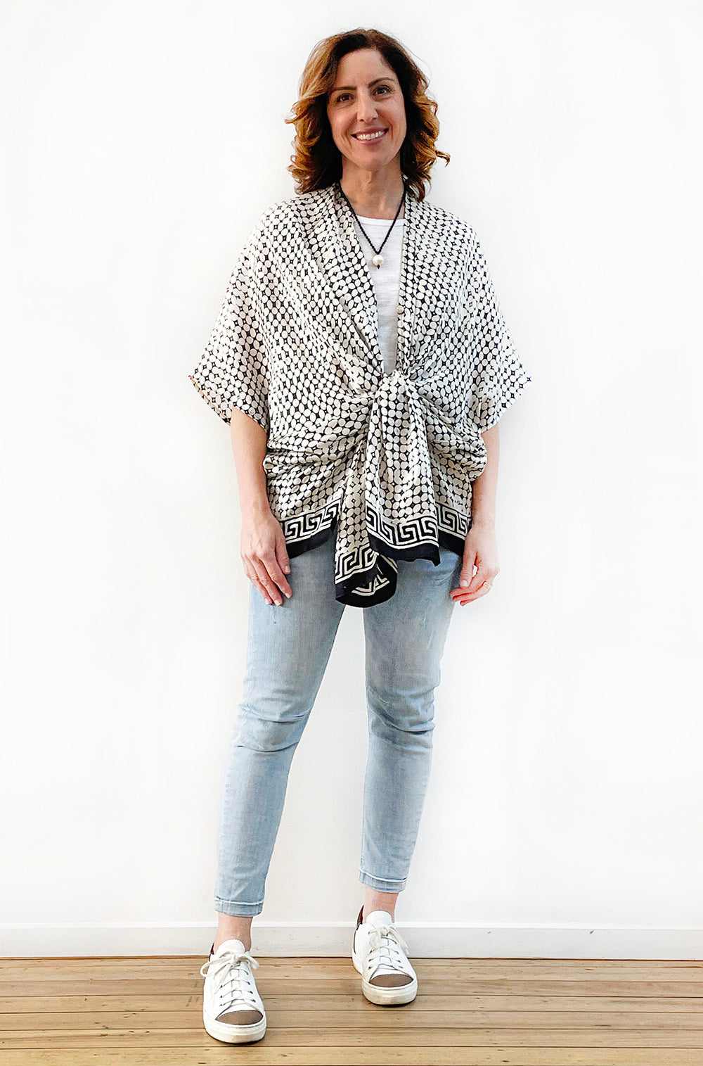 SILK KIMONO IN BLACK TILE PRINT