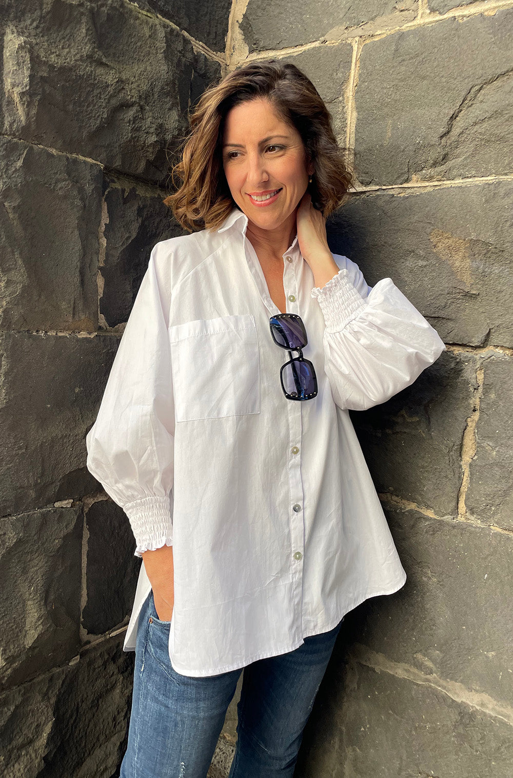COTTON SHIRRED SLEEVE SHIRT WHITE