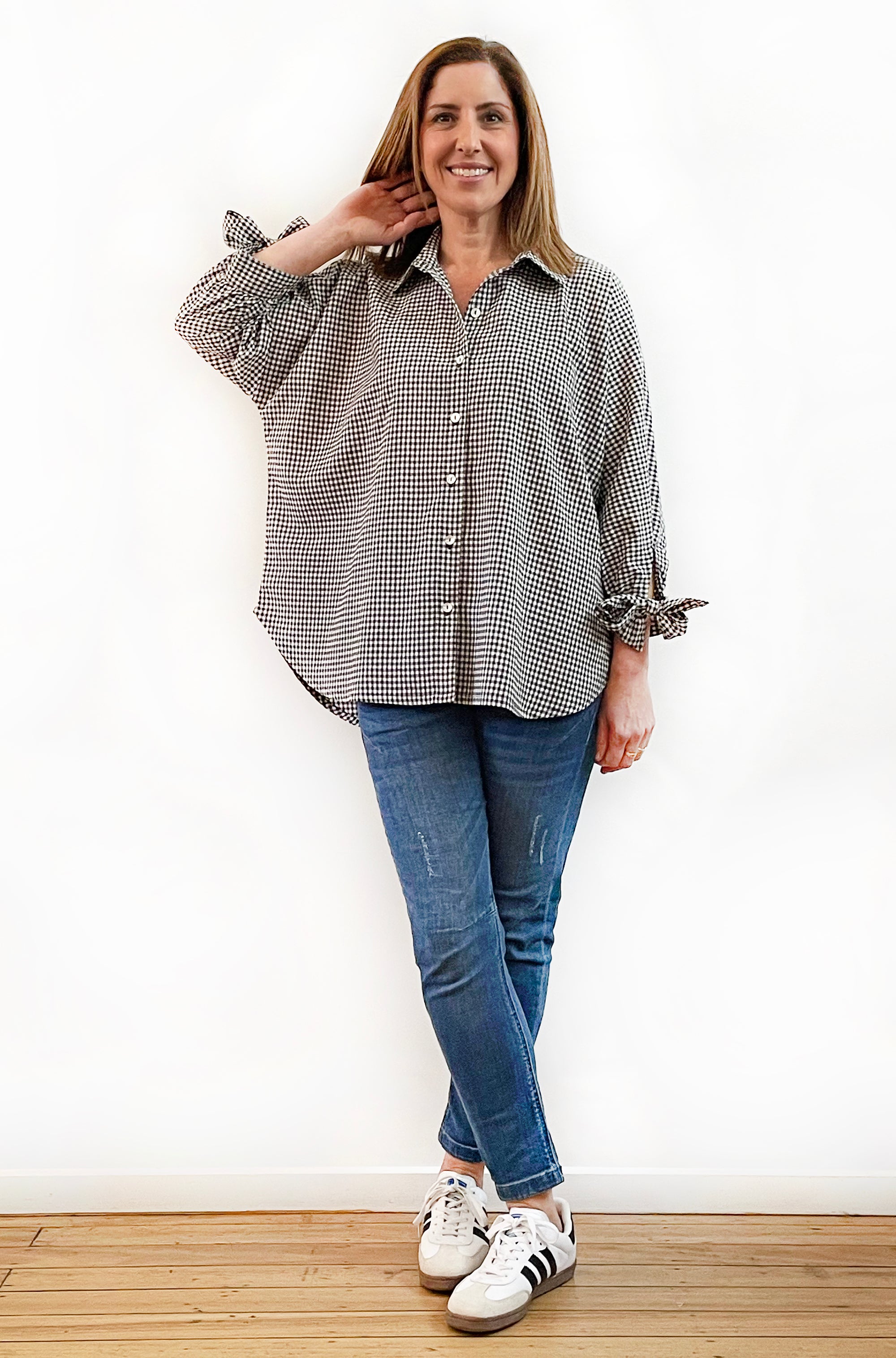 COTTON MAGYAR TIE SLEEVE SHIRT GINGHAM