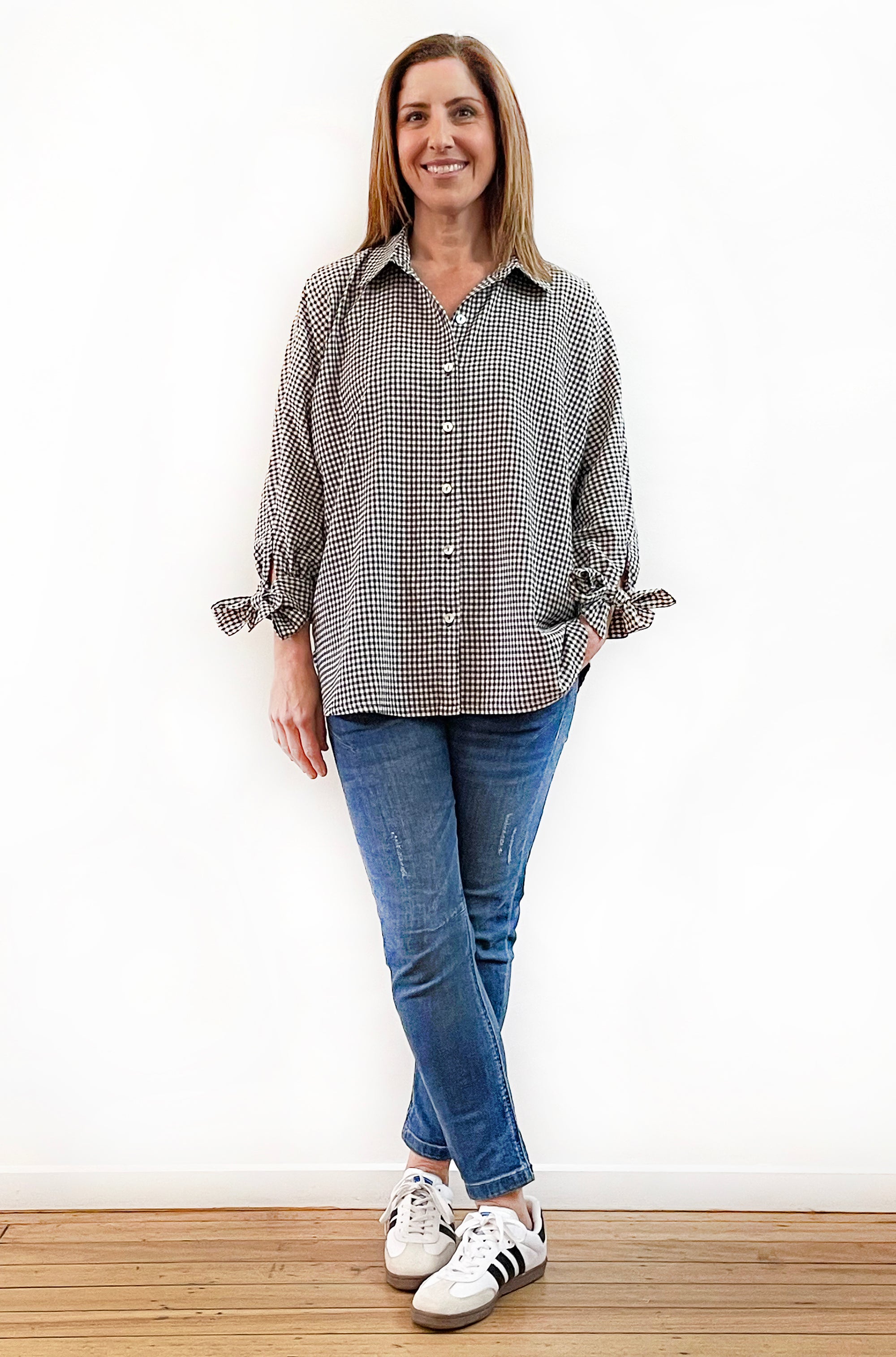 COTTON MAGYAR TIE SLEEVE SHIRT GINGHAM