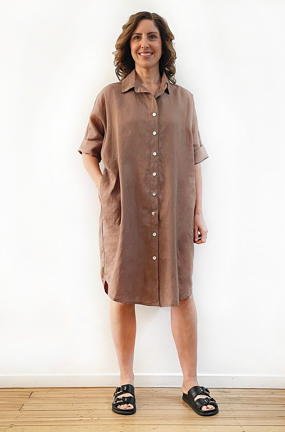 LINEN RELAXED SHIRT DRESS MOCHA