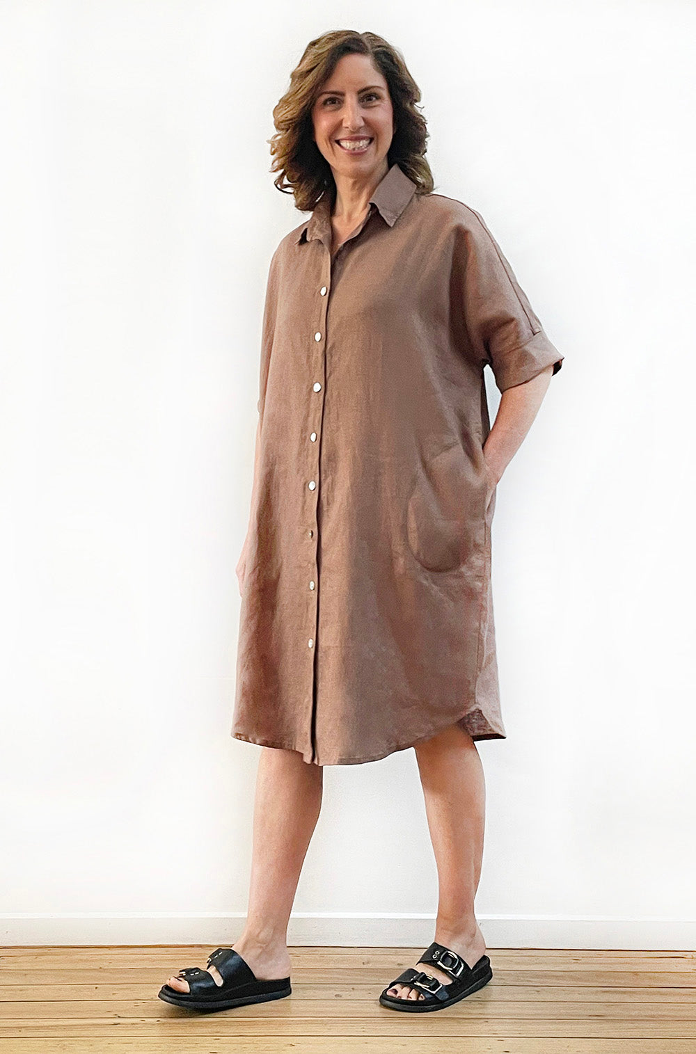 LINEN RELAXED SHIRT DRESS MOCHA