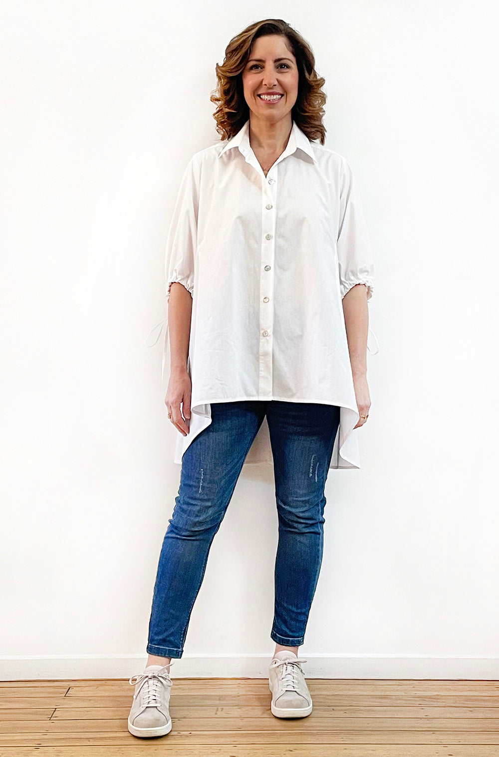 COTTON TIE SLEEVE HI LO SWING SHIRT WHITE