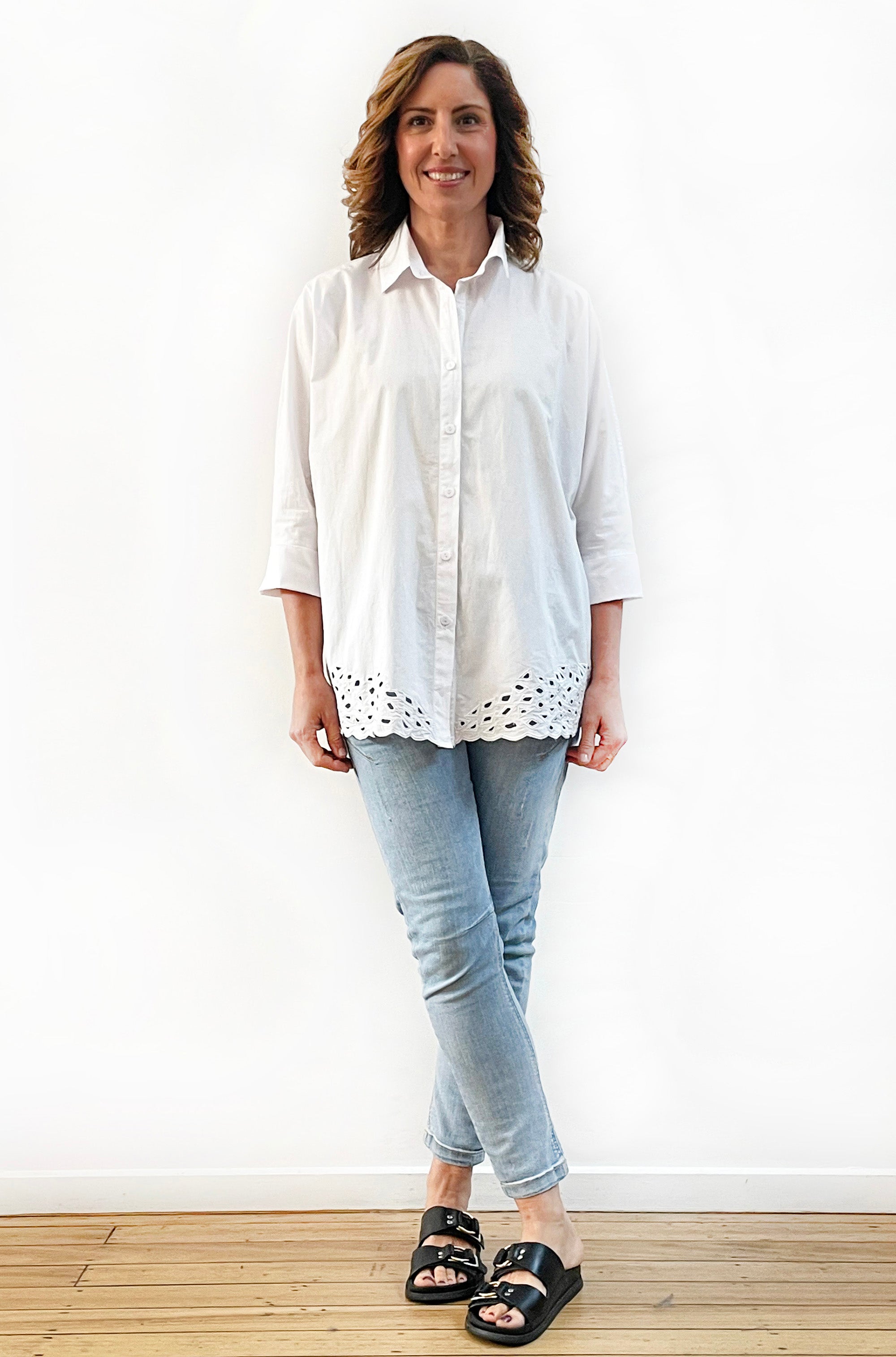 COTTON KIMONO SLEEVE CUTWORK SHIRT WHITE