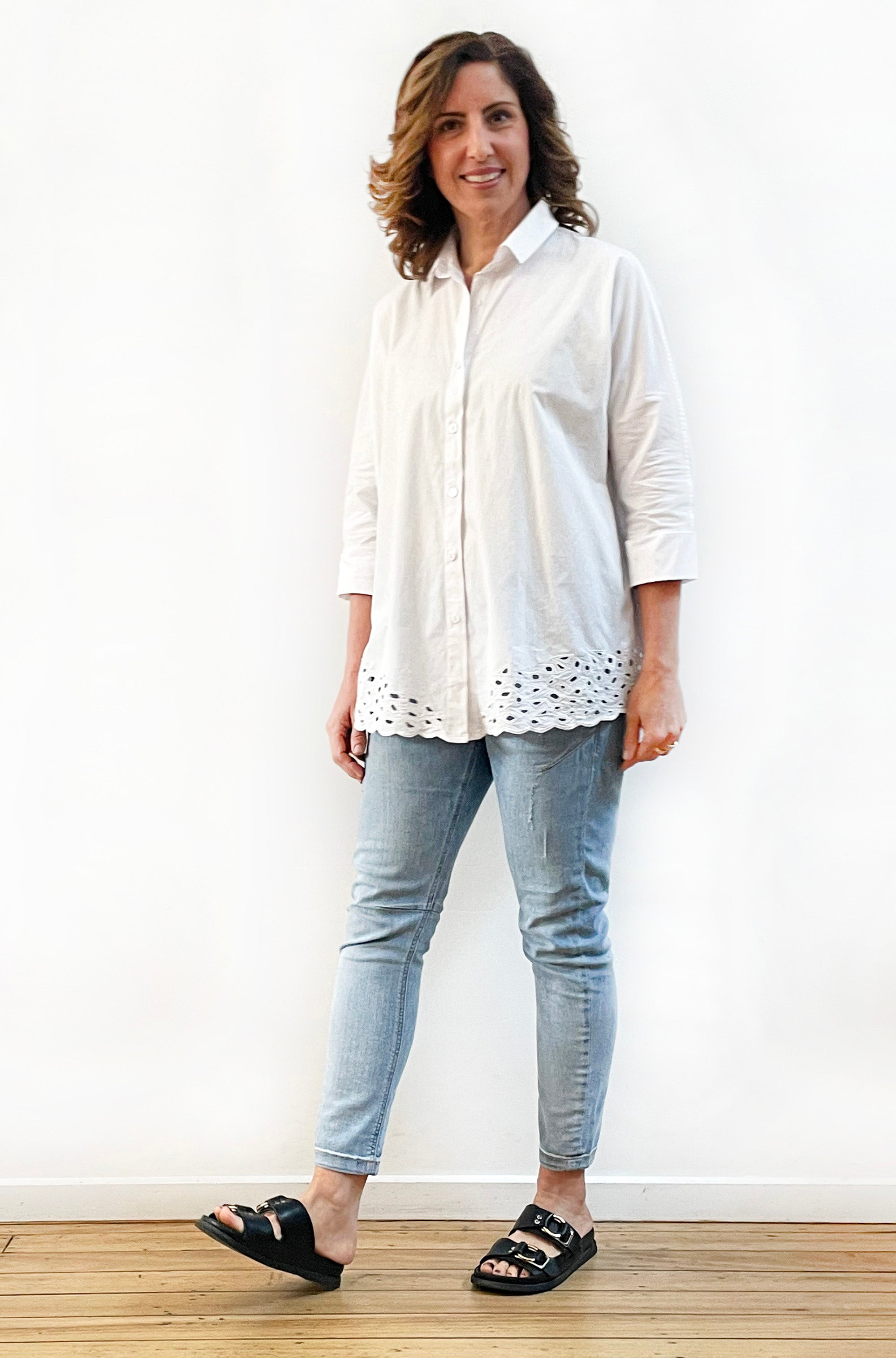 COTTON KIMONO SLEEVE CUTWORK SHIRT WHITE