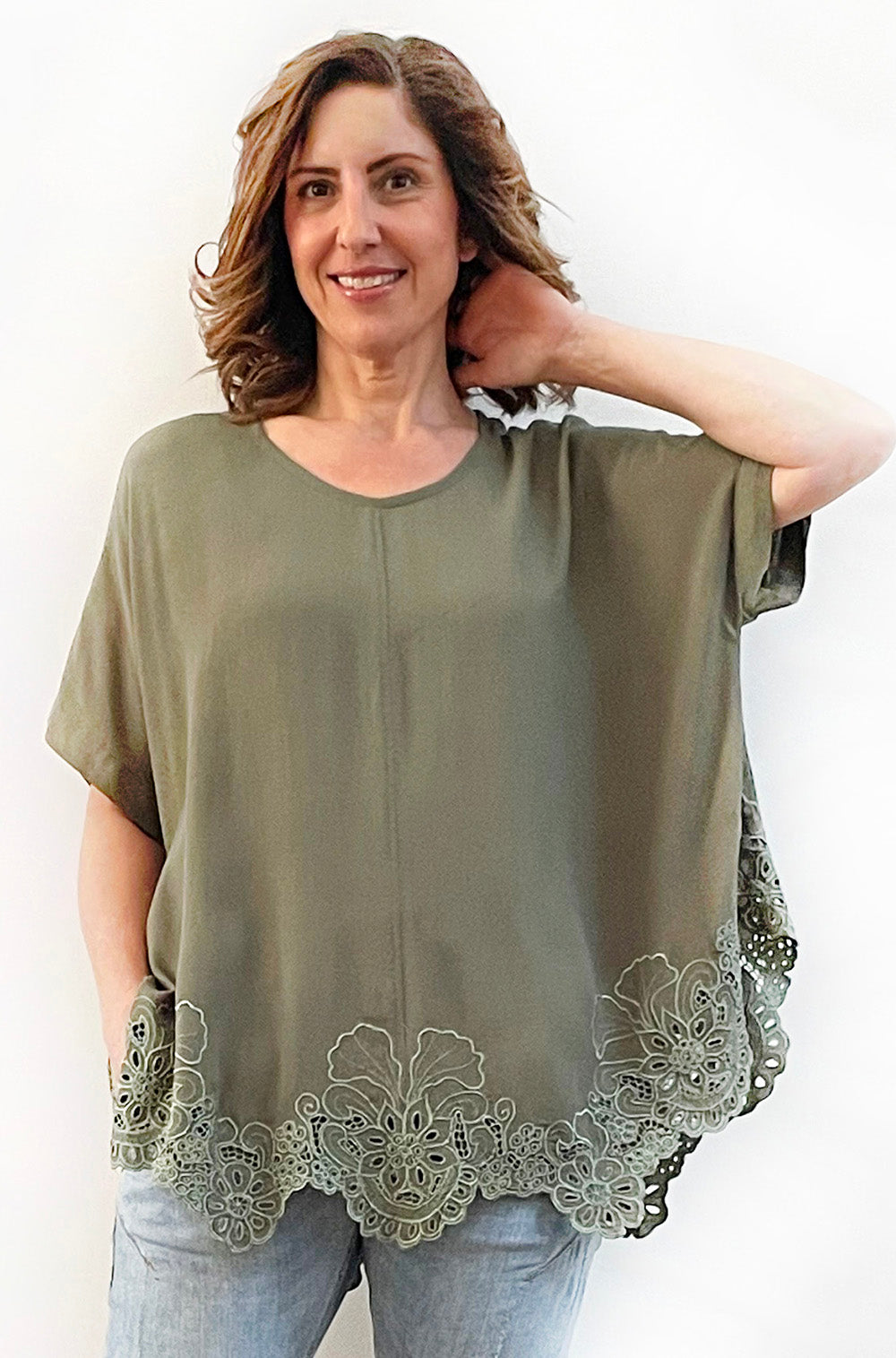VISCOSE SHORT SLEEVE CUTWORK CIRCLE TOP KHAKI