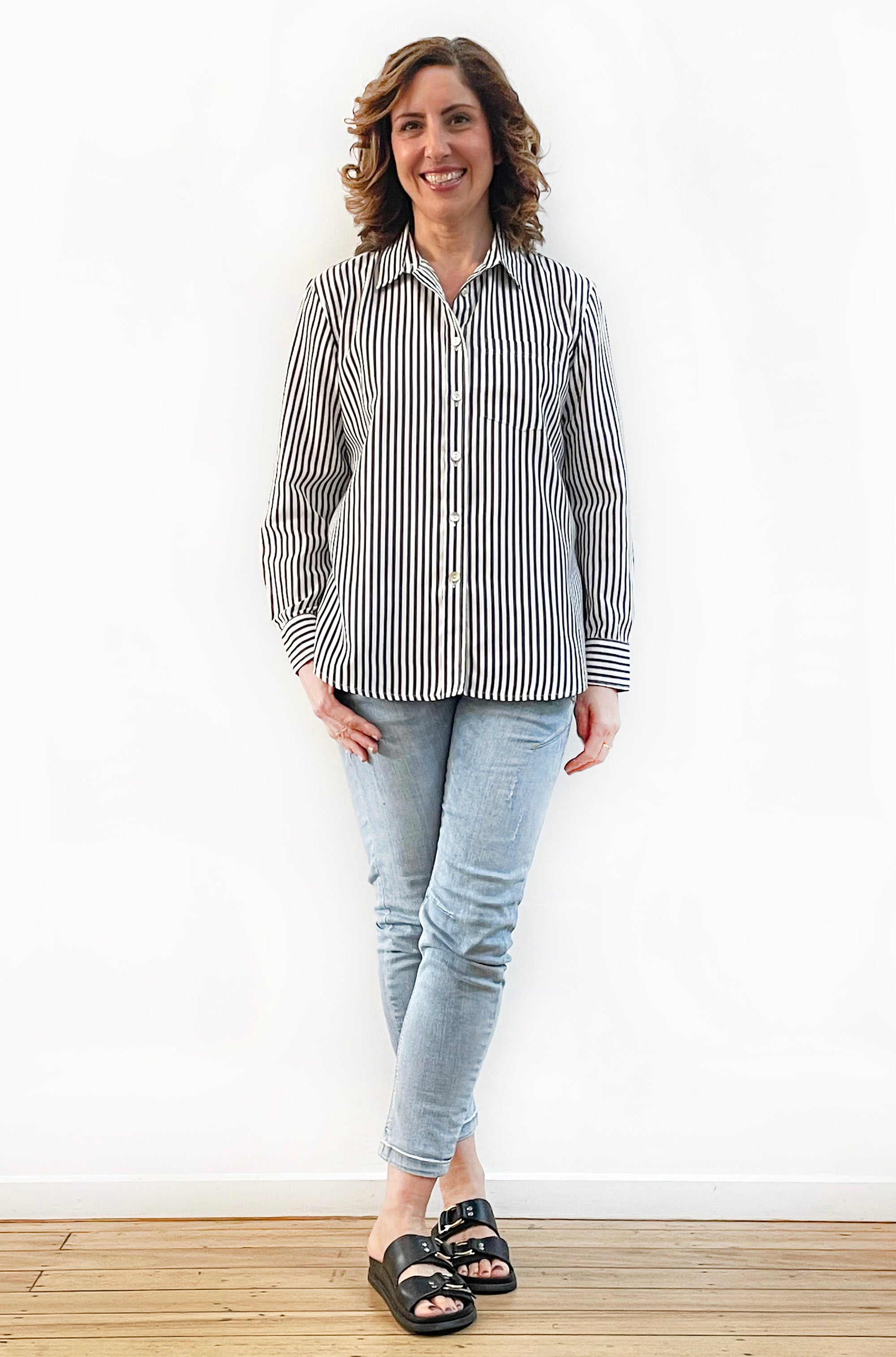 COTTON SLIM CUT CLASSIC SHIRT BLACK STRIPE