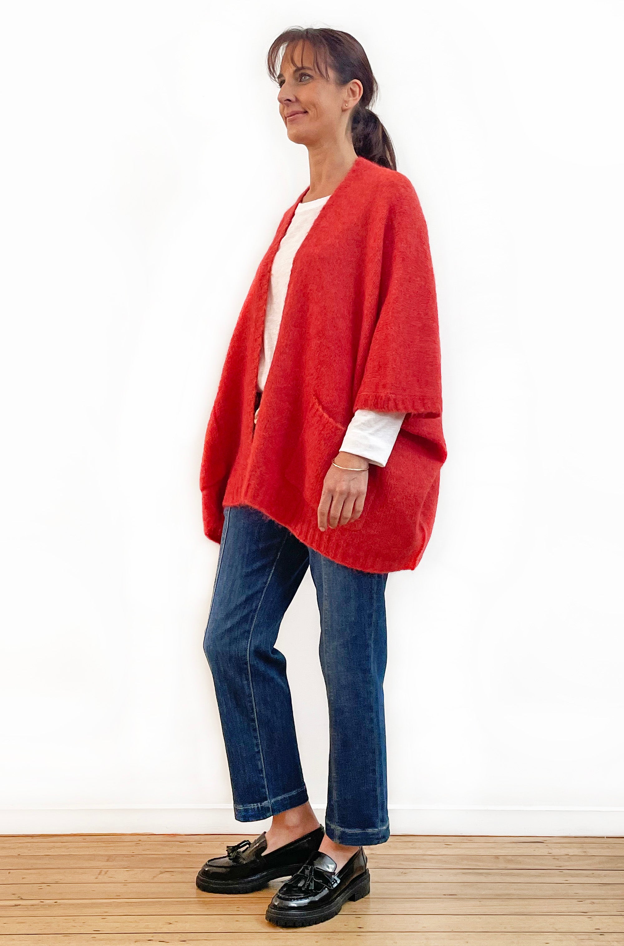 ALPACA WOOL BLEND SLEEVELESS OVERSIZED CARDI TOMATO RED