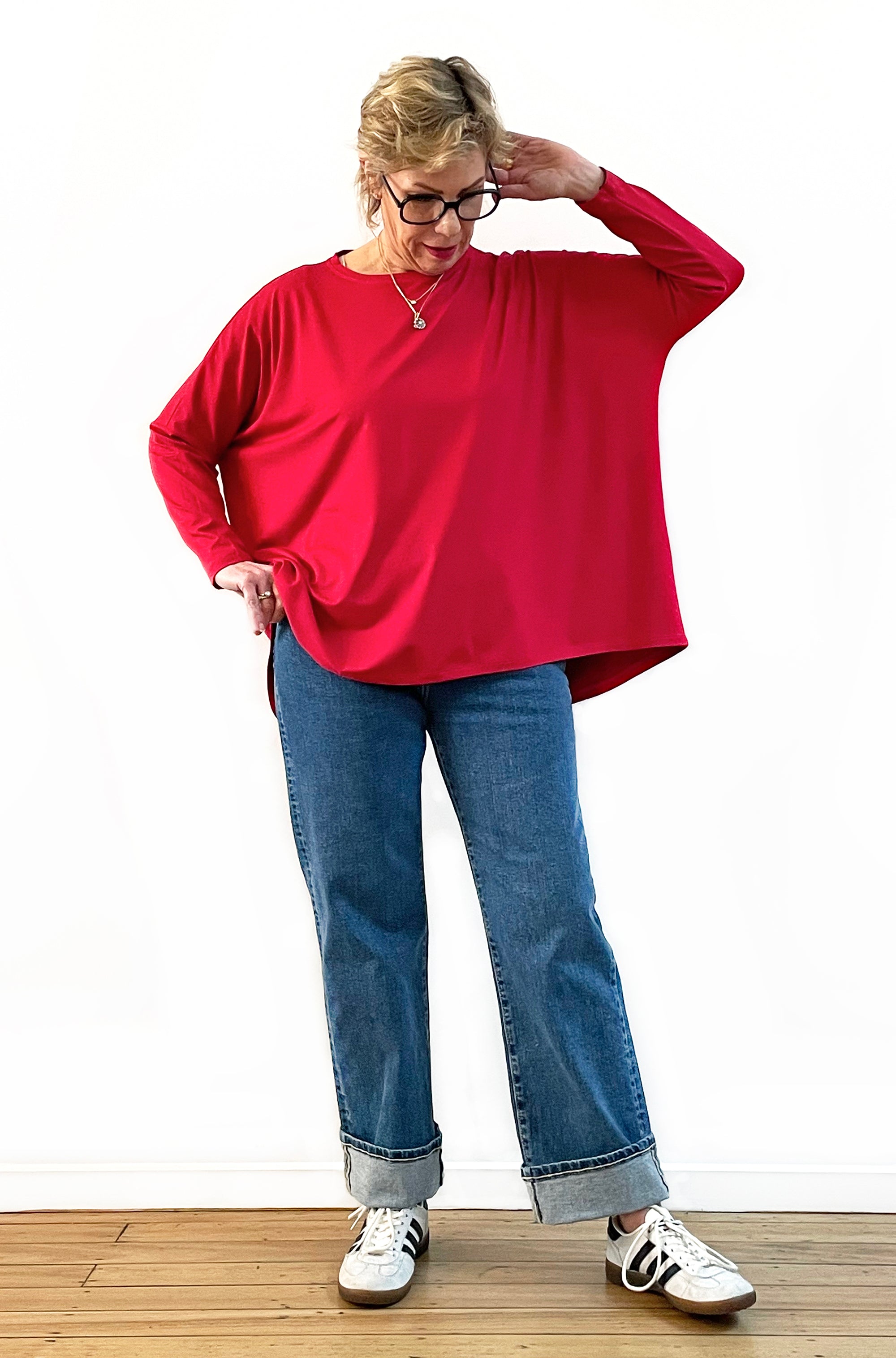 BAMBOO LONG SLEEVE CURVED HEM BOX TOP GERANIUM