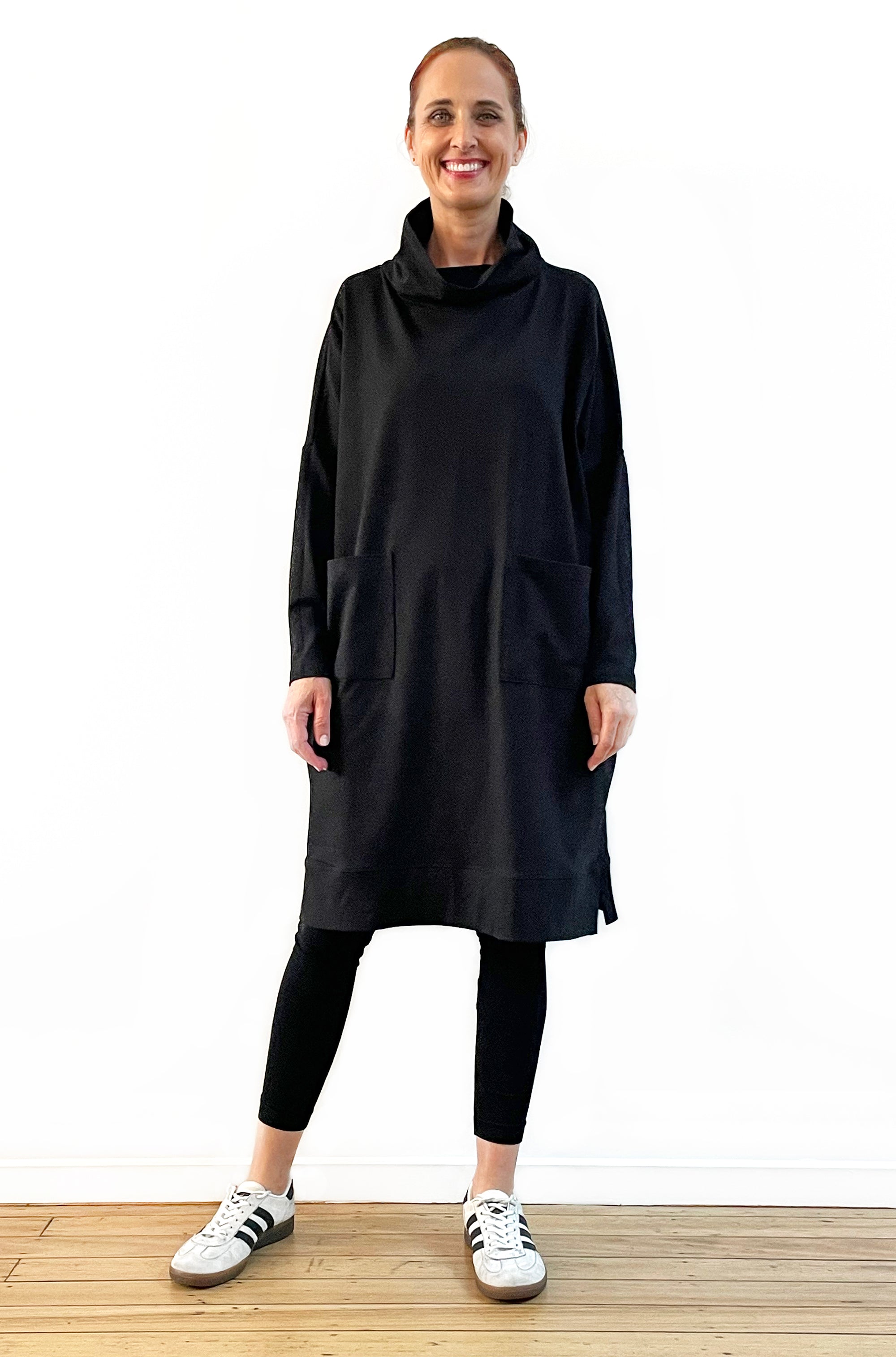 BAMBOO/ORGANIC COTTON PATCH POCKET COWL NECK DRESS BLACK