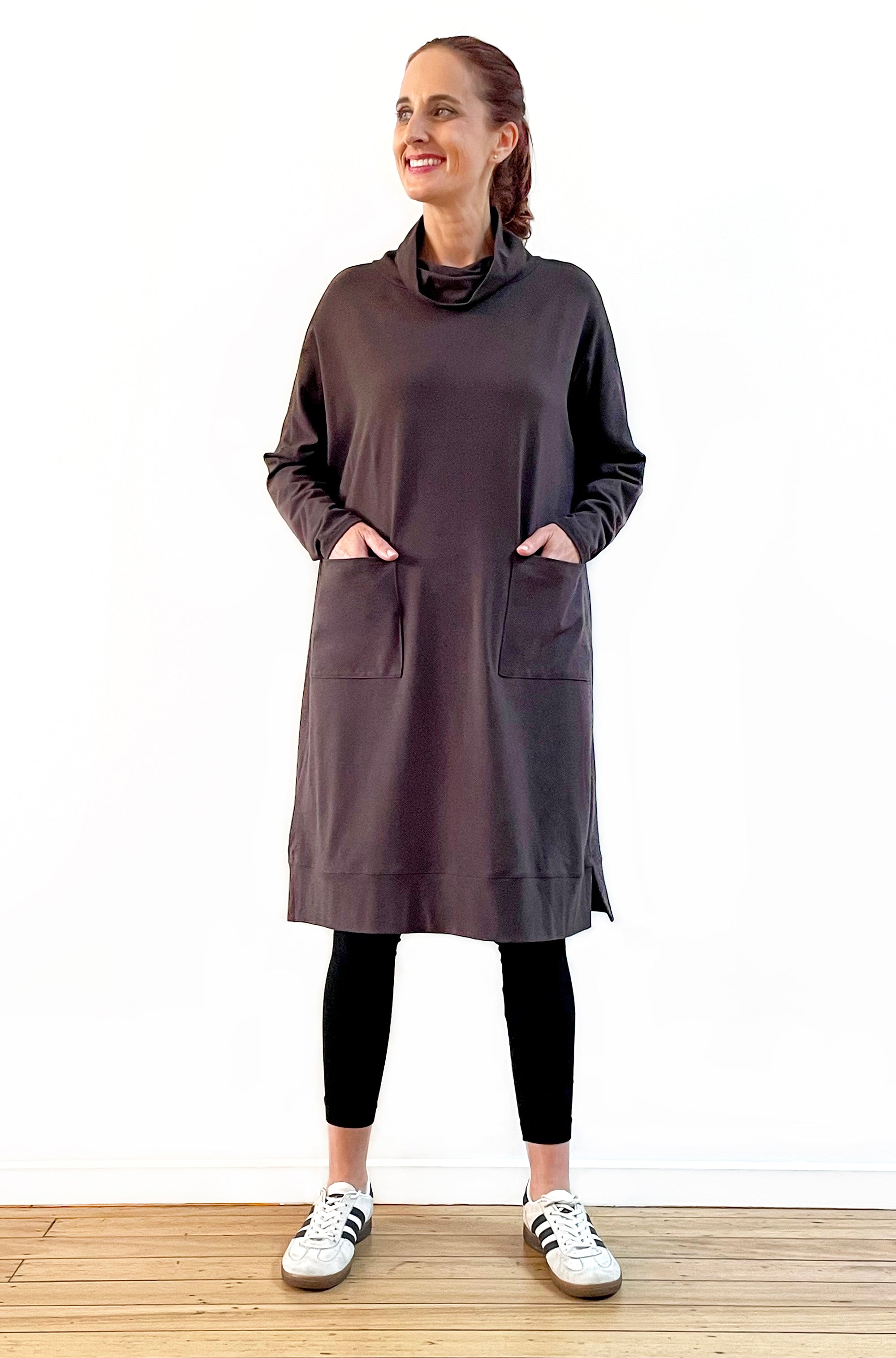 BAMBOO/ORGANIC COTTON PATCH POCKET COWL NECK DRESS CHOCOLATE