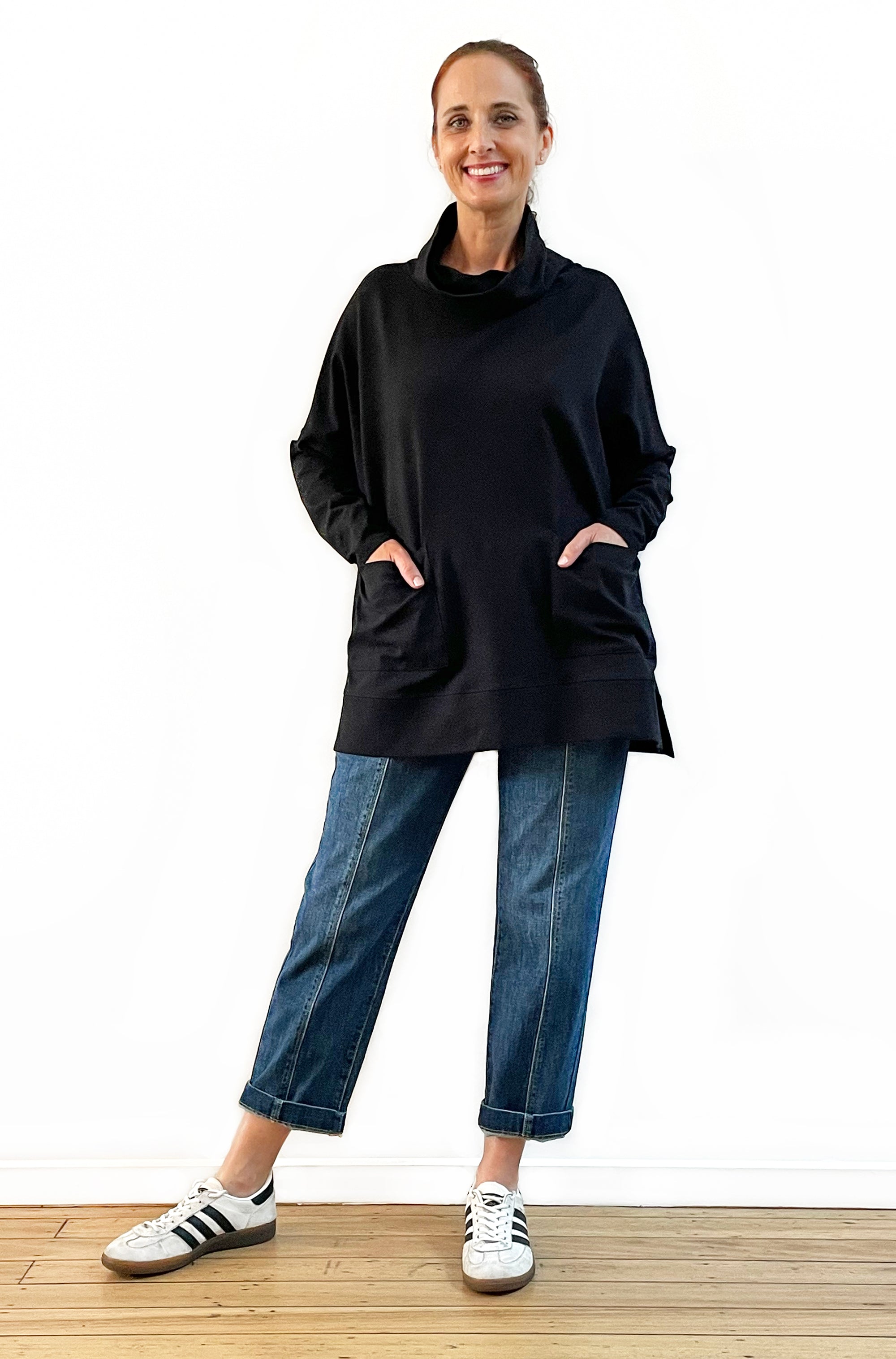 BAMBOO/ORGANIC COTTON PATCH POCKET COWL NECK TOP BLACK