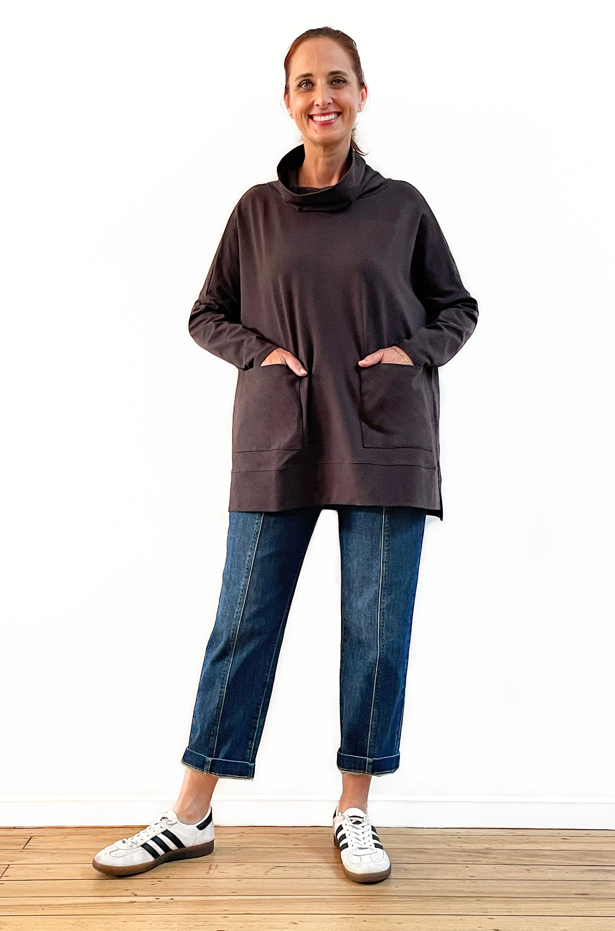 BAMBOO/ORGANIC COTTON PATCH POCKET COWL NECK TOP CHOCOLATE