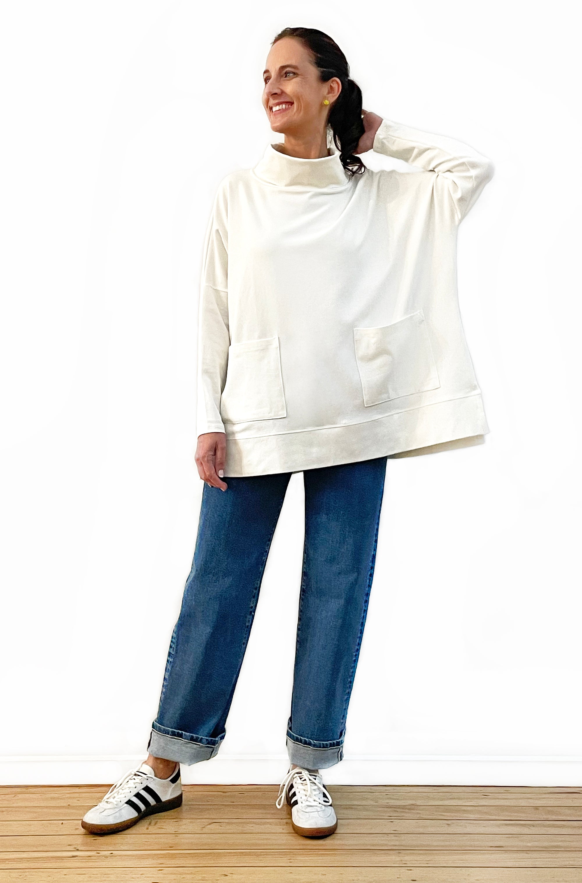 BAMBOO/ORGANIC COTTON PATCH POCKET COWL NECK TOP OFF WHITE